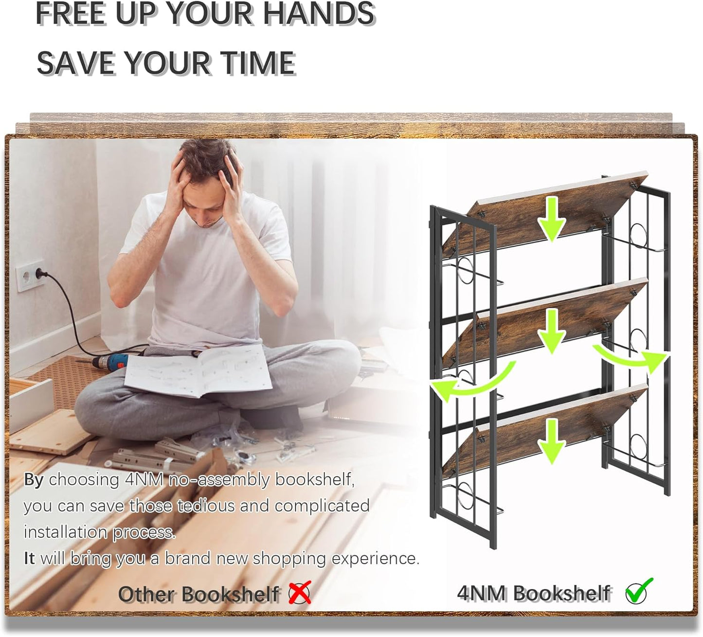 4NM No Assembly 3 Tiers Folding Bookshelf, 35" H Foldable Storage Shelves Vintage Bookcase Standing Racks Study Organizer Home Office - Rustic Brown Black