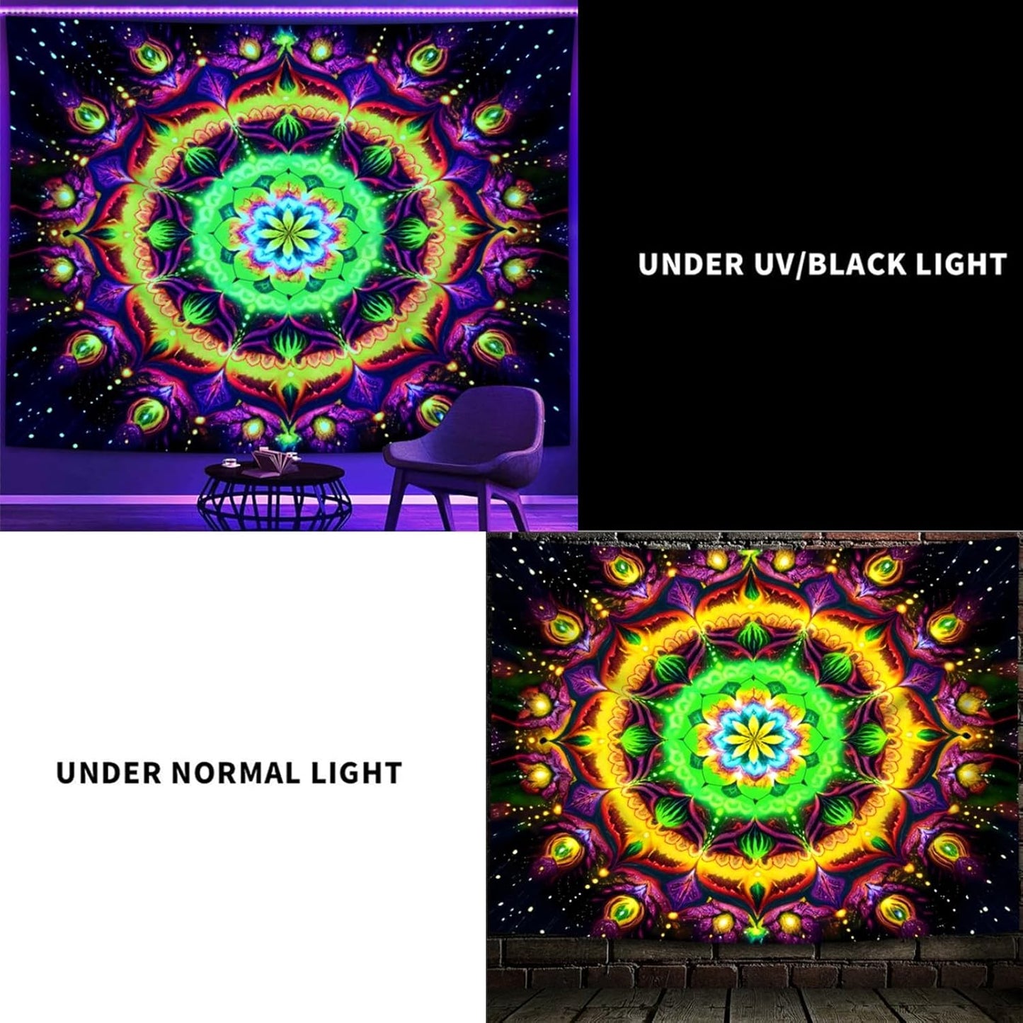 Blacklight Mandala Tapestry for Bedroom, Psychedelic Flower Black Light Posters for Adults and Teens, UV Reactive Aesthetic Bohemian Art Wall Hanging Decor Golden and Green (90 x 70 Inches)