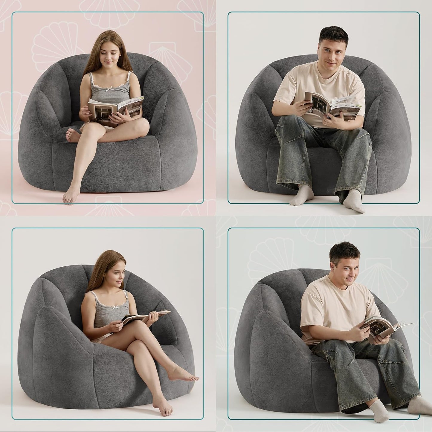 Giant Bean Bag Swivel Chair for Adults - Comfy Plush Round Shell Soft Accent Beanbag Chair, Oversized Cozy Floor Sofa Reading Chair for Living Room, Bedroom & Game Rooms, Gray