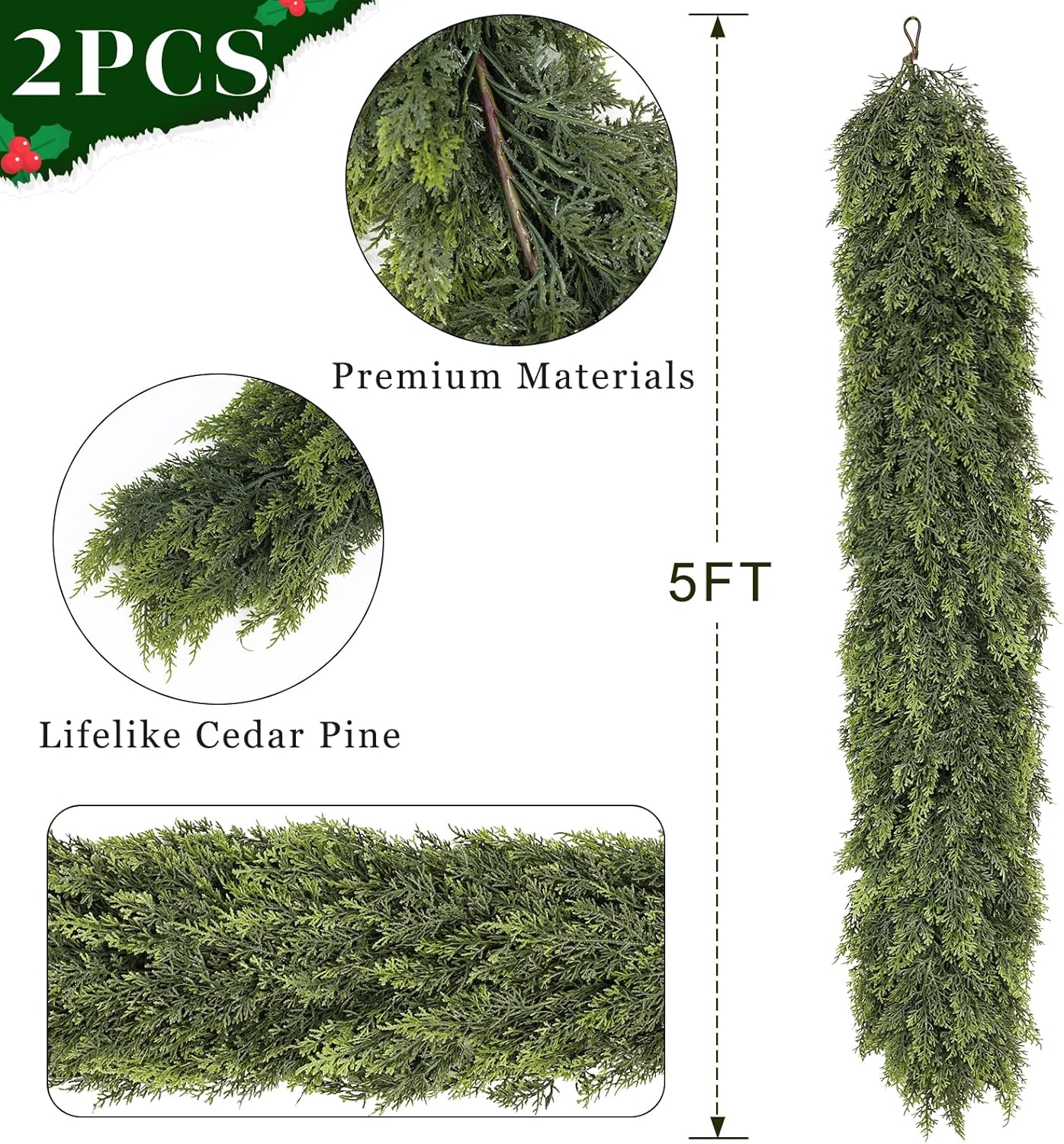 5FT Real Touch Cedar Garland for Fireplace - Artificial Christmas Garlands Realistic Faux Greenery Fake Pine Needles Garland for Holiday,Table, Window,Mantel,Stairs, Home,Indoor Outdoor Decor (2PCS)