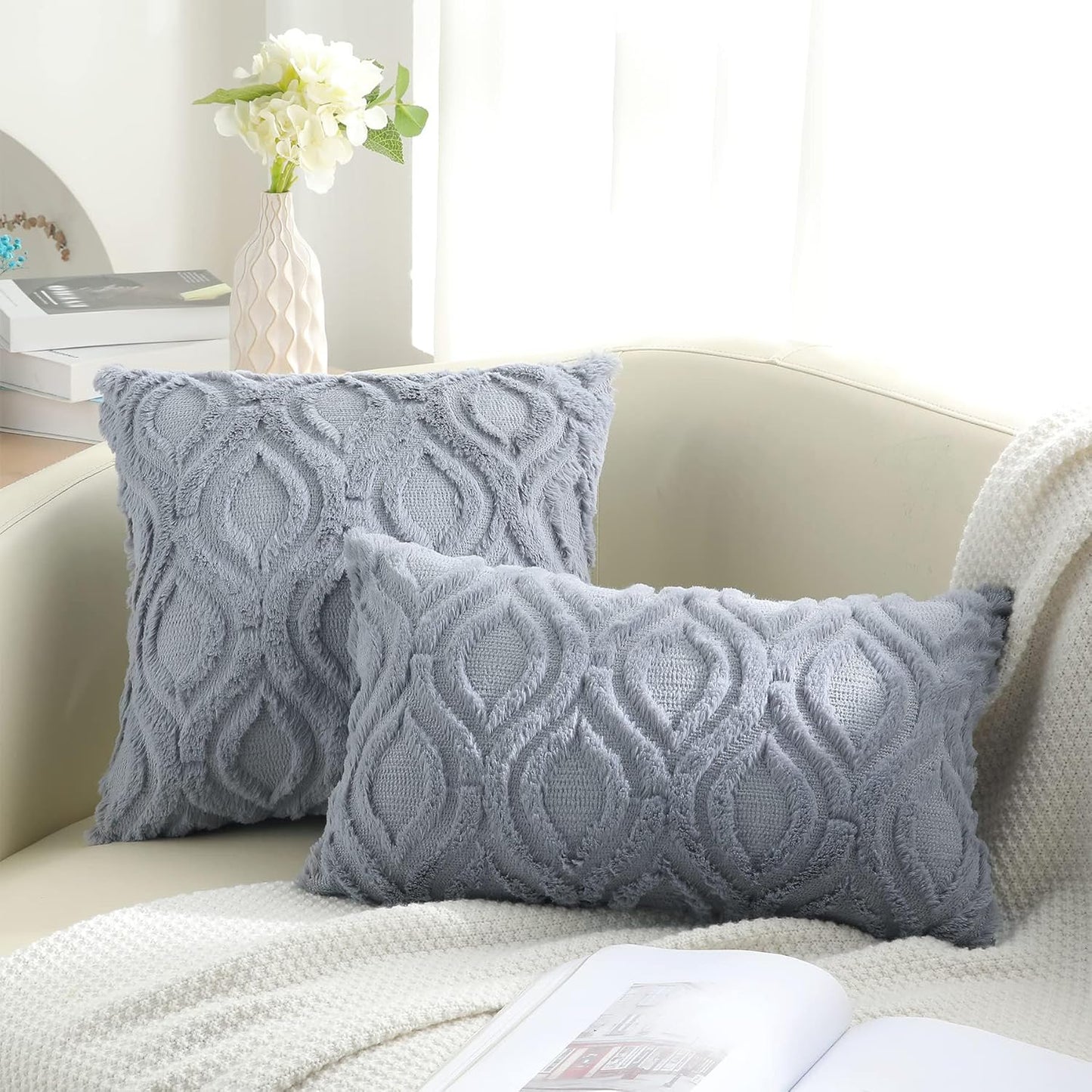 decorUhome Fall Throw Pillow Covers 16x16 Inch Set of 2, Soft Plush Decorative Faux Fur Blue Grey Solid Couch Pillow Covers, Accent Farmhouse Neutral Square Euro Pillow Cases for Sofa Bed Living Room