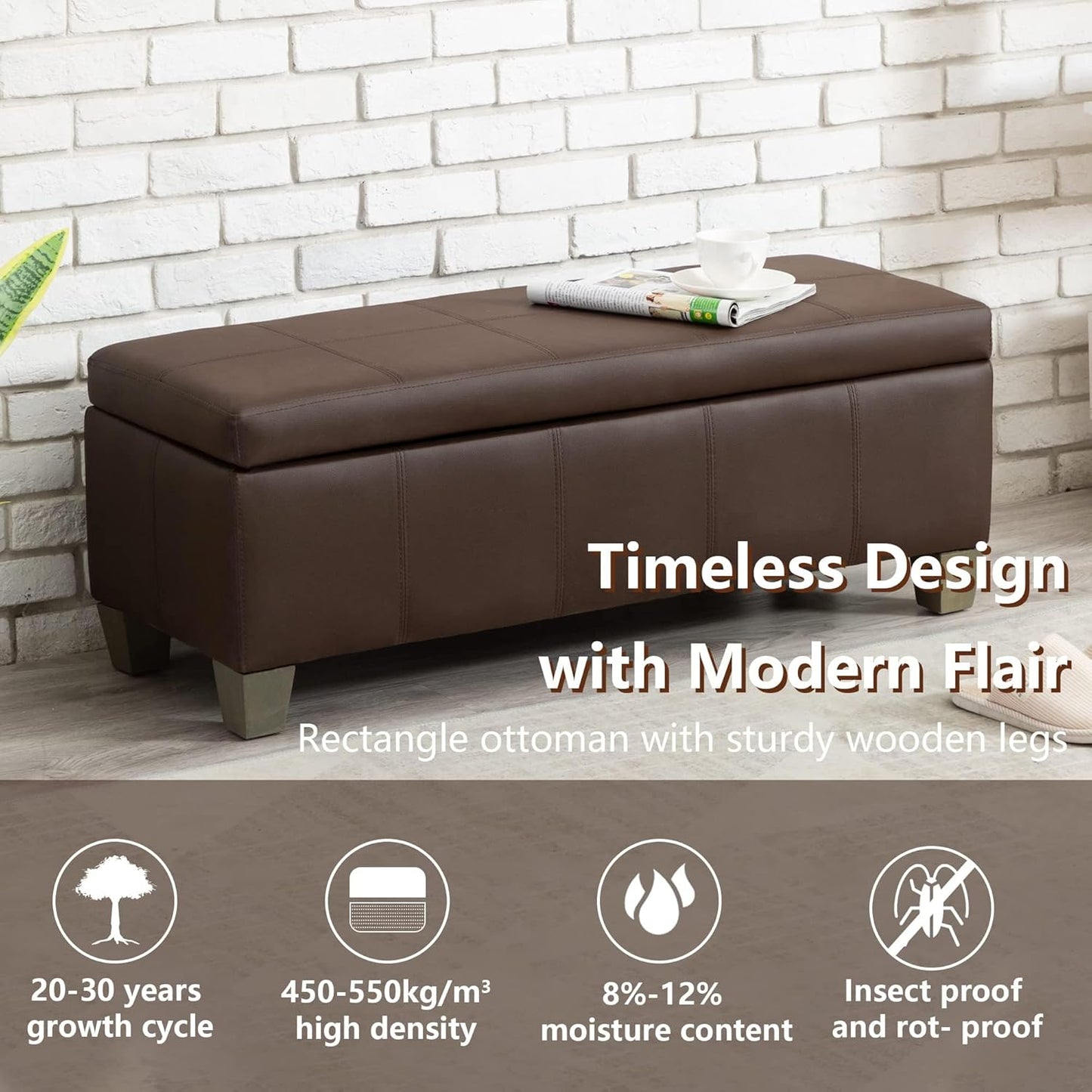 Brown Faux Leather Ottoman with Storage, Rectangular Extra Long Storage Bench for Bedroom and Living Room