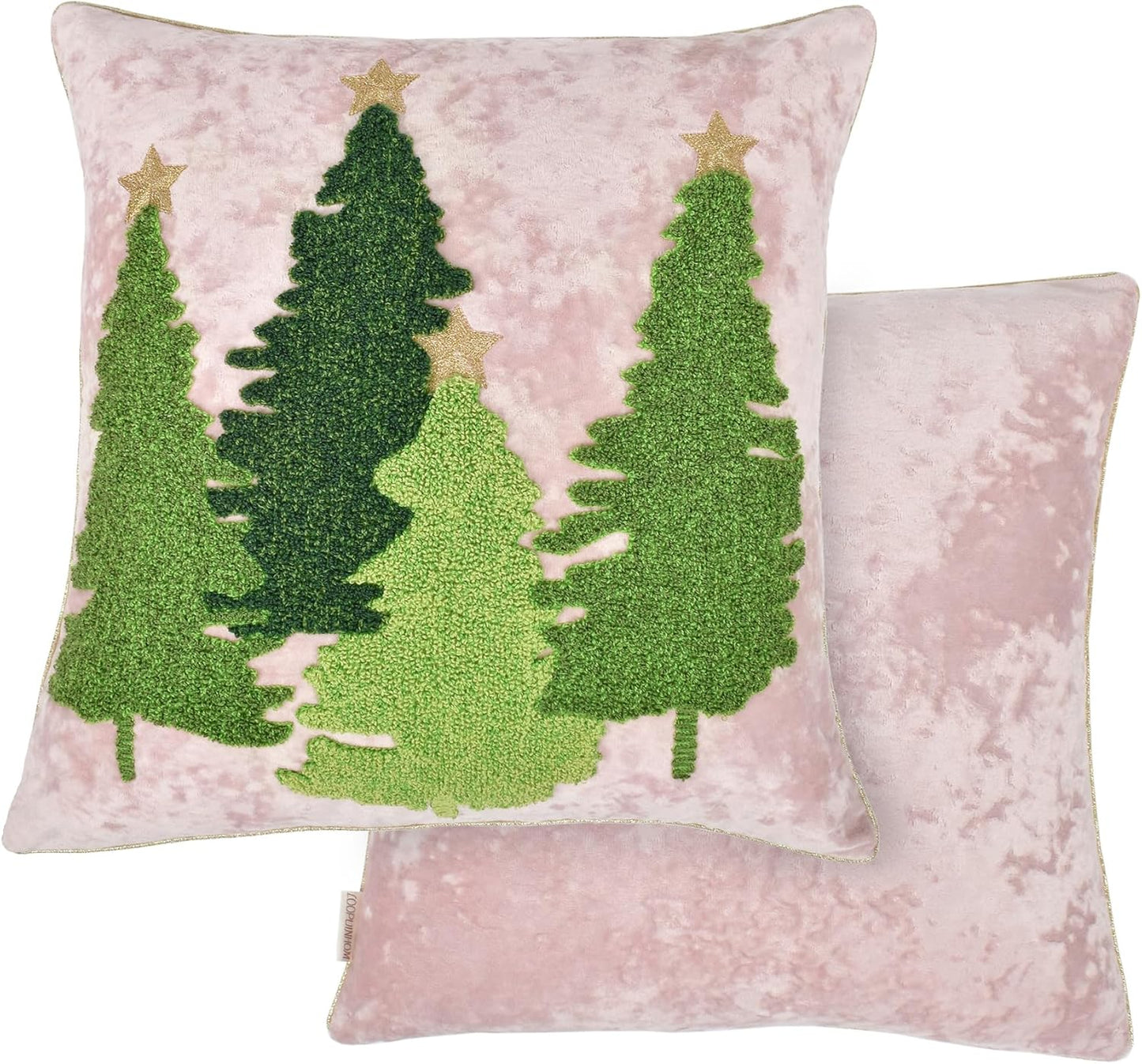 Christmas Tree Pillow Covers 18x18, Embroidered Throw Pillow Covers for Holiday Decorations, Pink Blush Green Velvet Cushion for Home Couch