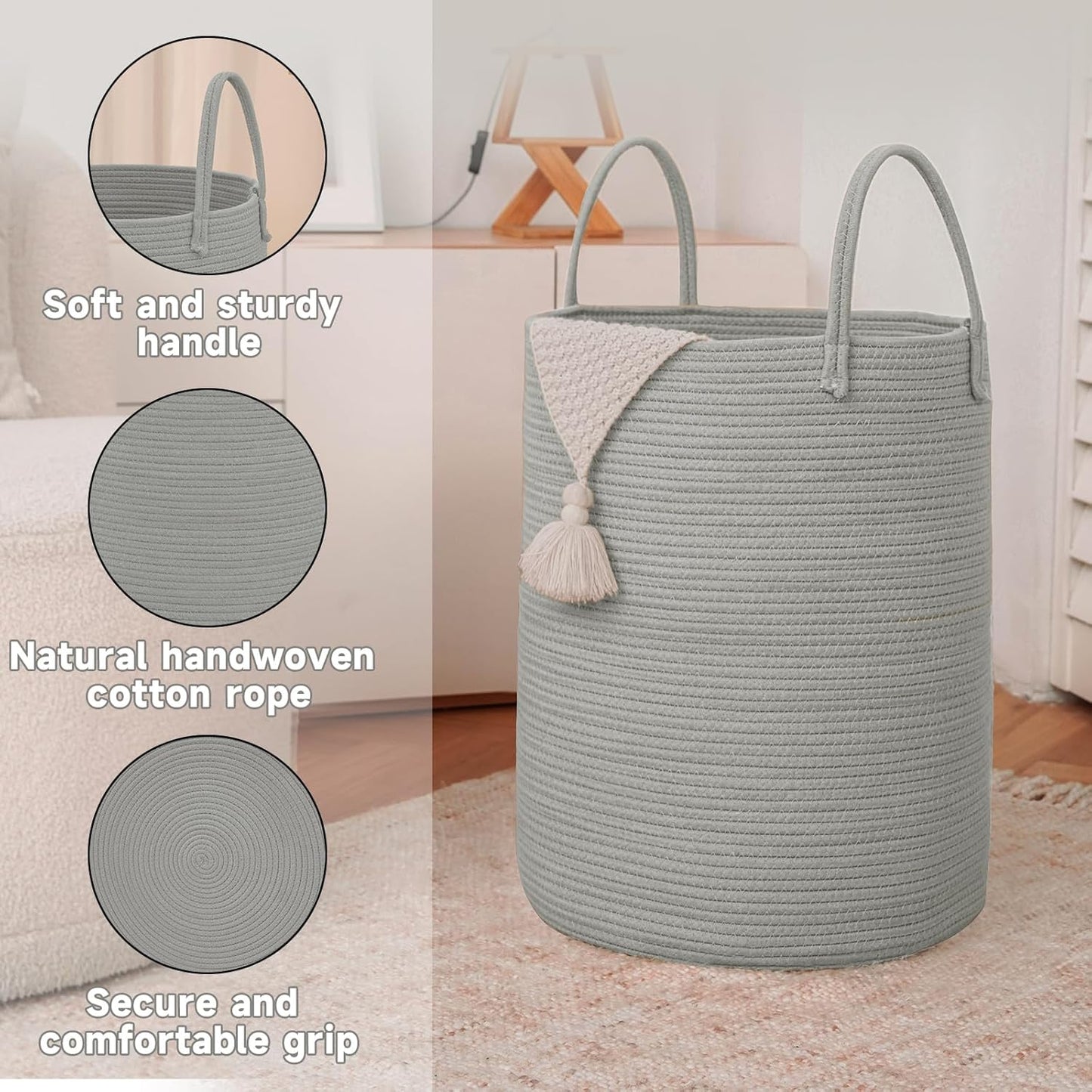 Large Woven Laundry Basket Hamper,60L Cotton Rope Storage Bin for Blankets,Toys and Clothes,Decorative Tall Nursery Hamper for Living Room,Baby Nursery,Bathroom and Bedroom,Grey