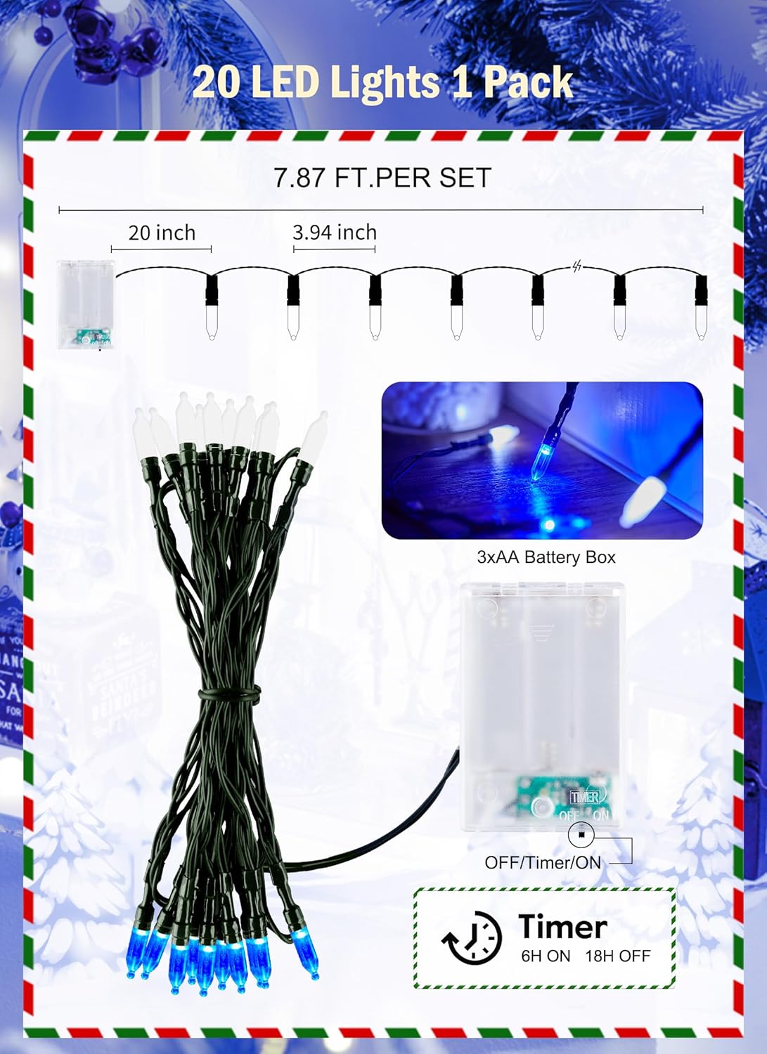 Battery Operated Christmas String Lights, 8ft 20 LED Mini Lights with Timer, Christmas Tree Lights for Indoor Outdoor Bedroom Wedding Party Holiday Xmas Decoration,Blue & White