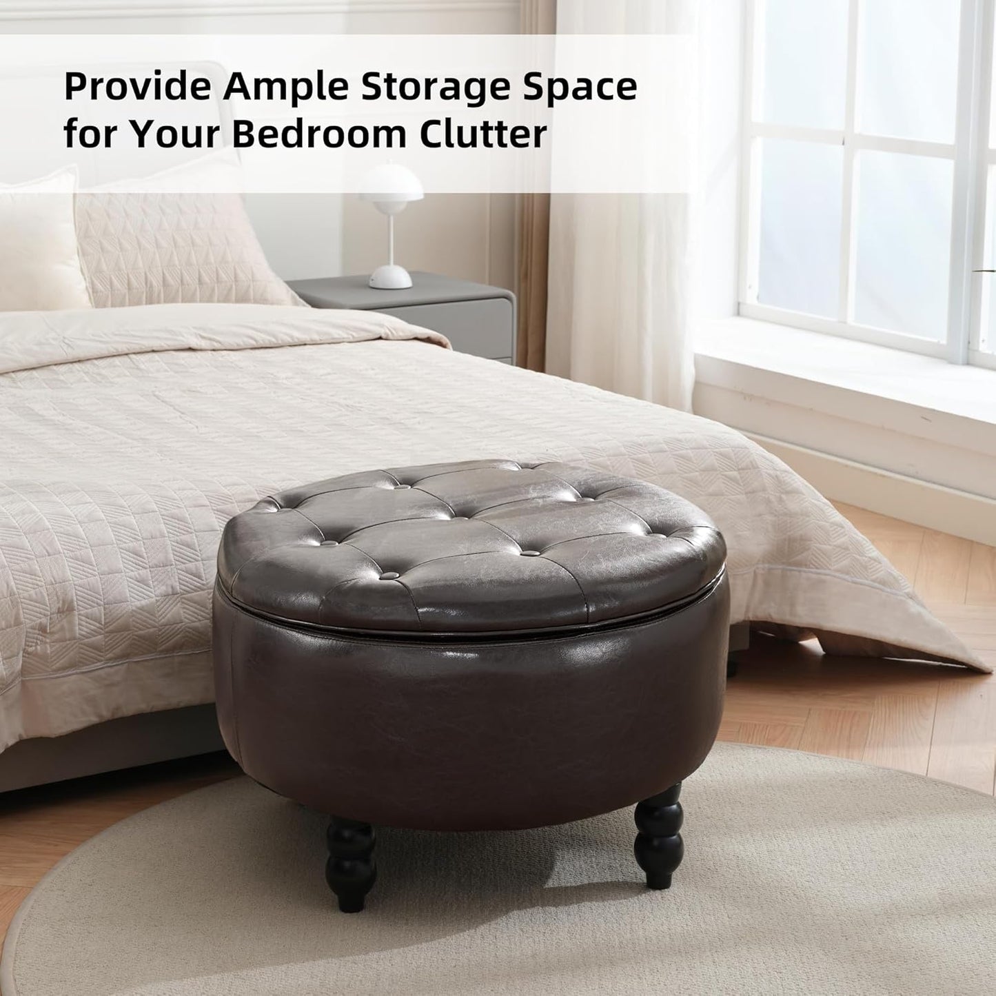 PU Leather Round Ottoman with Storage, Upholstered Tufted Storage Footstool, Modern Wooden Coffee Table for Living Room, Bedroom, Dark Brown(PU)