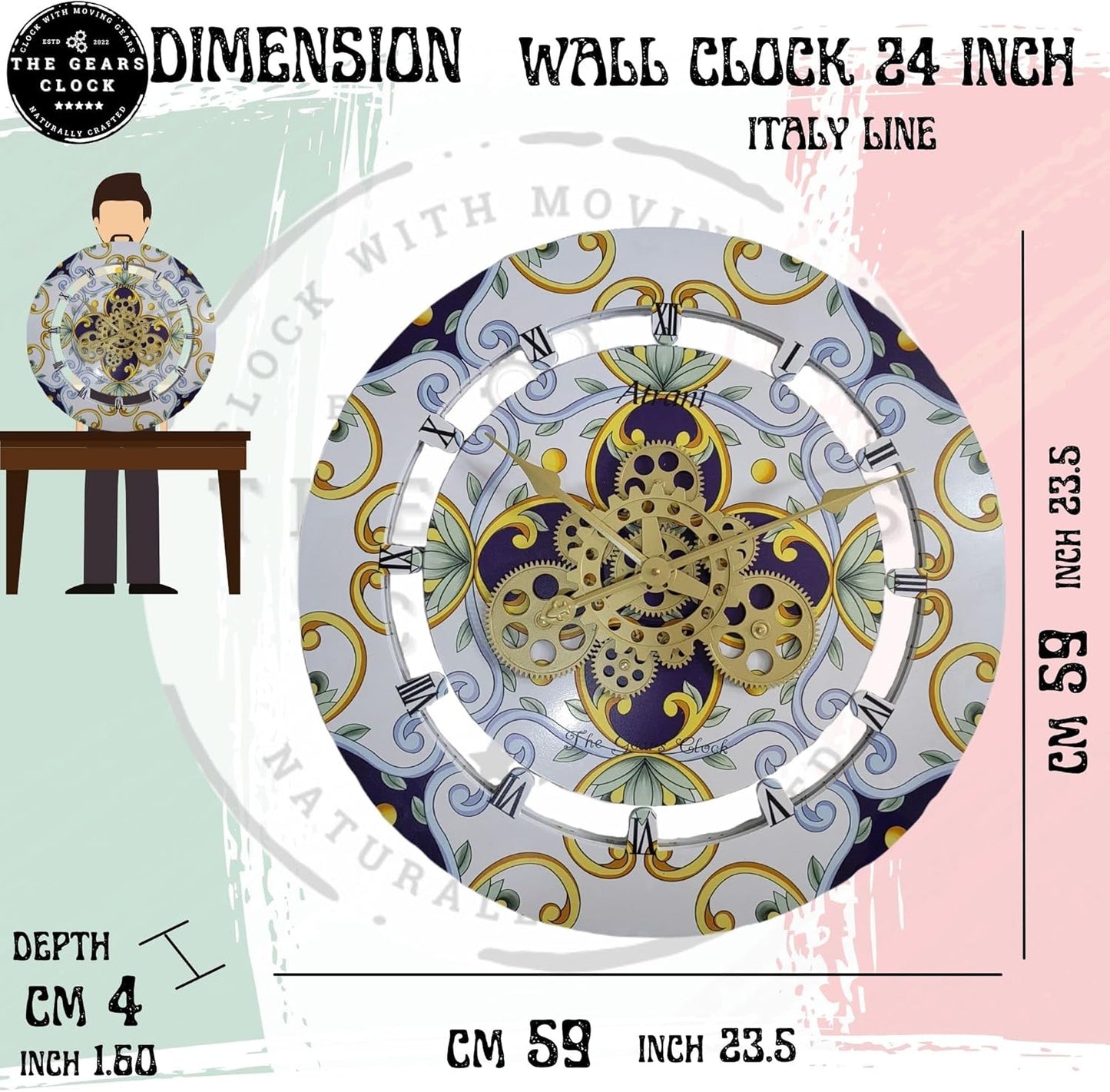 The Gears Clock Wall Clock Italy Collection with Moving Gears (Positano, 24 inch Round)