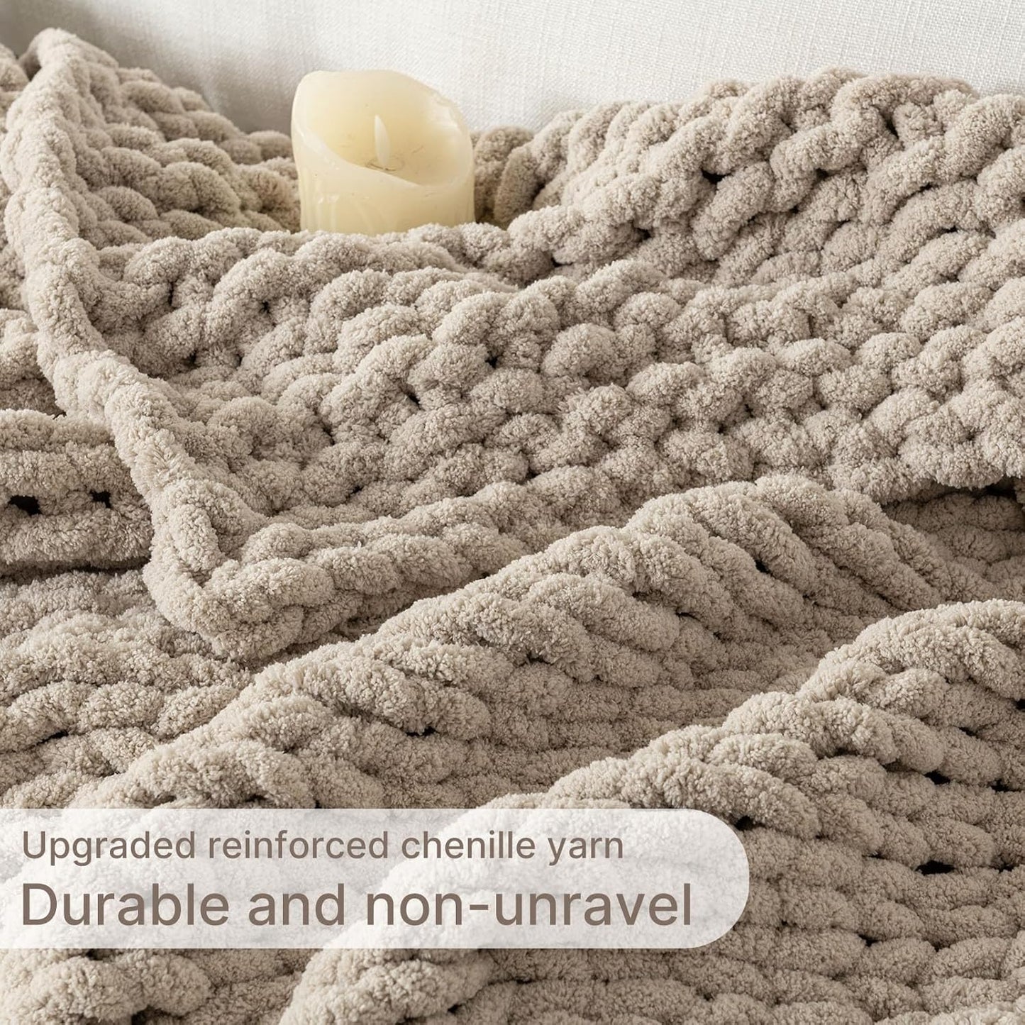 Chunky Knit Blanket Throw, 100% Hand Knit Throw Blanket Handmade Chenille Cable Knit Throw for Couch, Stylish Cozy Soft Rope Knot Crochet Blanket for Home Decor, Beige Linen, 40x50 Inches