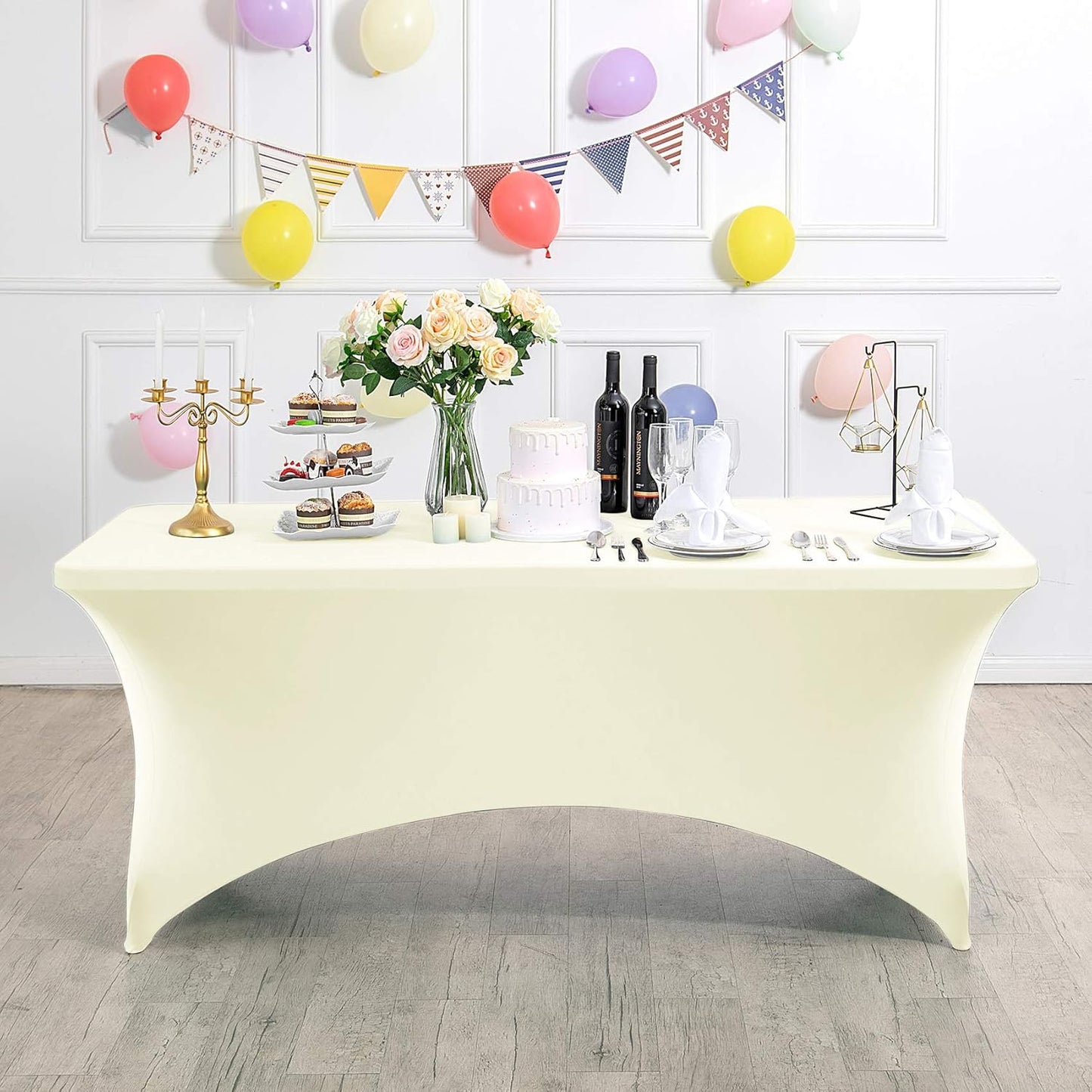 2Pack Spandex Table Cover for 8FT or 4ft or 6ft Table Universal Fitted Stretch Tablecloth for Party, Banquet, Wedding and Events-Ivory
