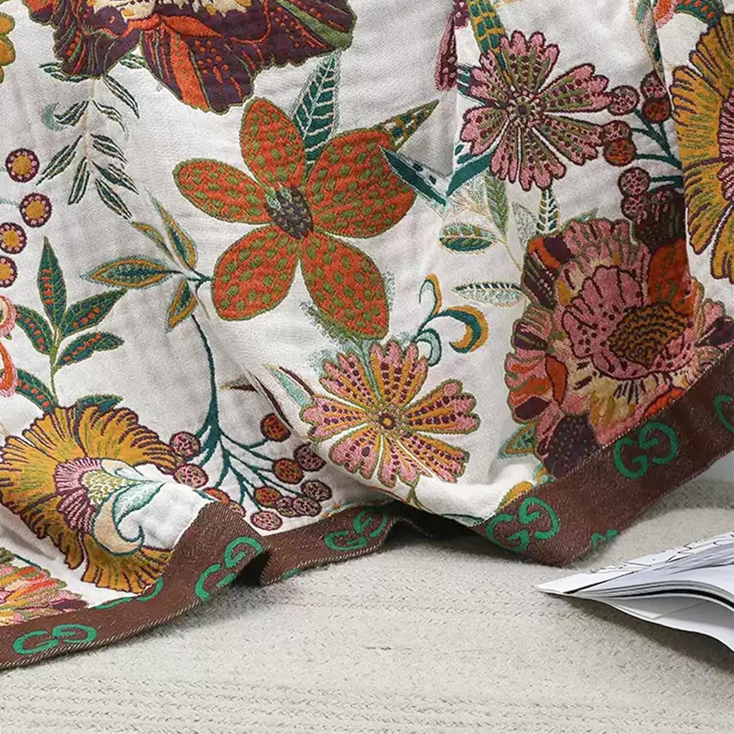 Boho Throw Blanket for Couch Sofa Bed, 100% Cotton Woven Quilt with Tassel 80”x90”, Super Soft Muslin Blanket with Floral Printed, Decorative Reversible Bed Blanket/Cover for All Seasons