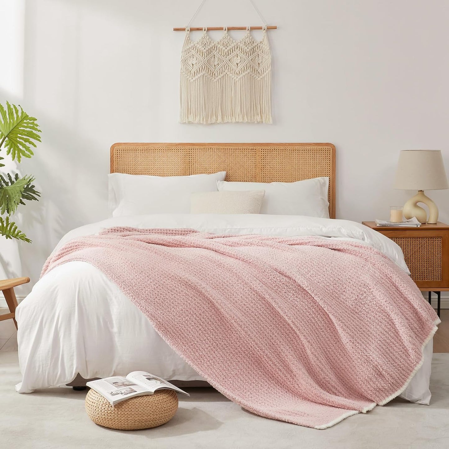 Snuggle Sac Pink Waffle Bedding Blankets Queen Size 90x90 inches, Reversible Microfiber Fluffy Fuzzy Soft Throw Cozy Knit Blanket for Women Mothers Birthday Gifts