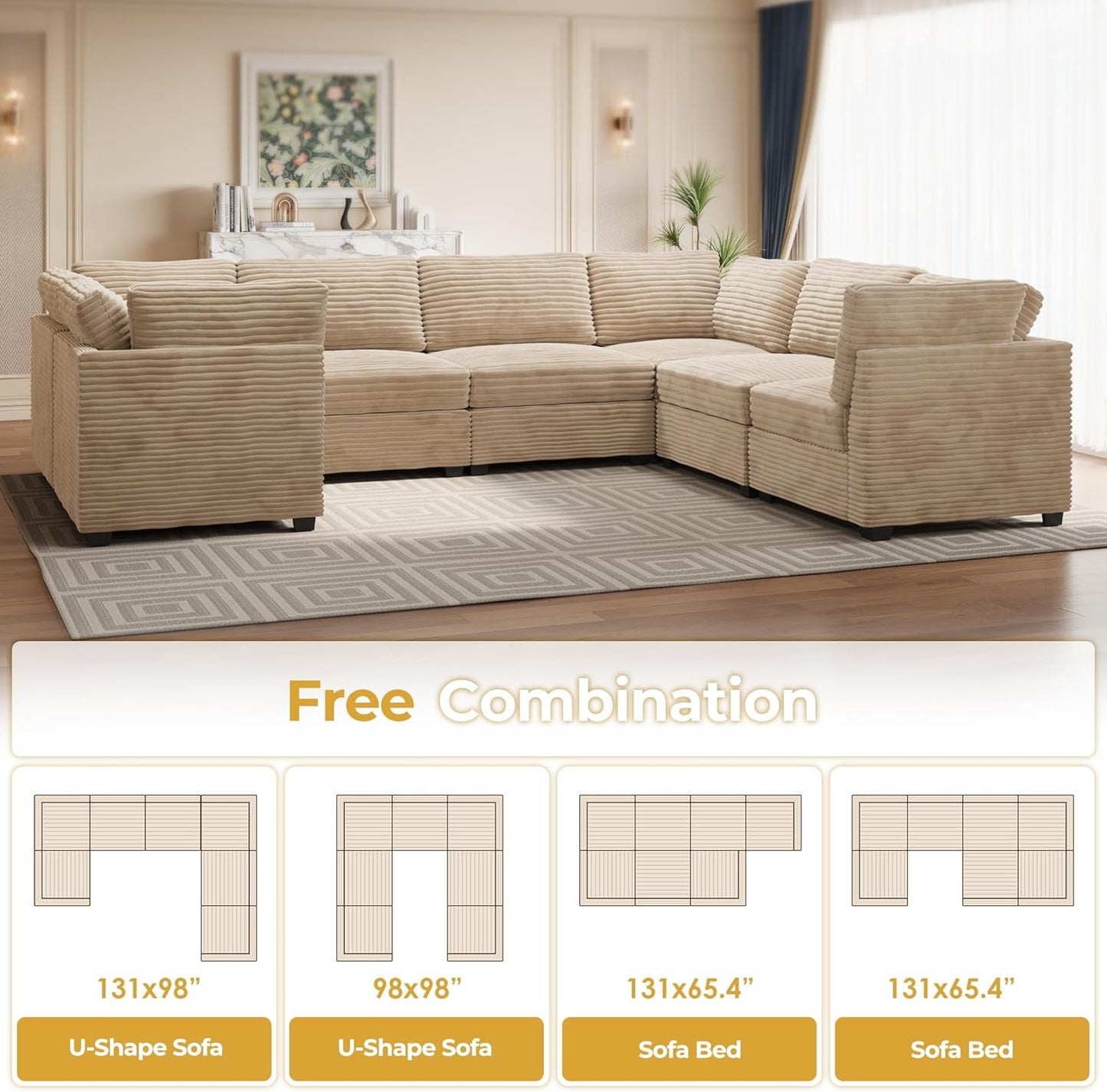 HOOOWOOO Modular Sectional Sofa,7 Pieces Sectional Couches for Living Room,131X98 U Shaped Cloud Couch Set(Beige Velvet Corduroy)