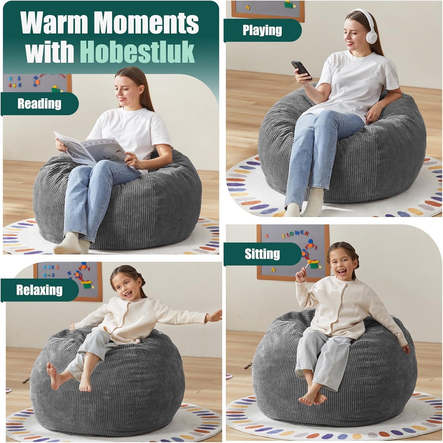 Hobestluk 3.5FT Bean Bag Chair Large Bean Bag with Filler Included Bean Bag Chairs for Adults Teardrop Bean Bag Chair with Removable Cover for Bedroom Living Room - (Large, Grey)