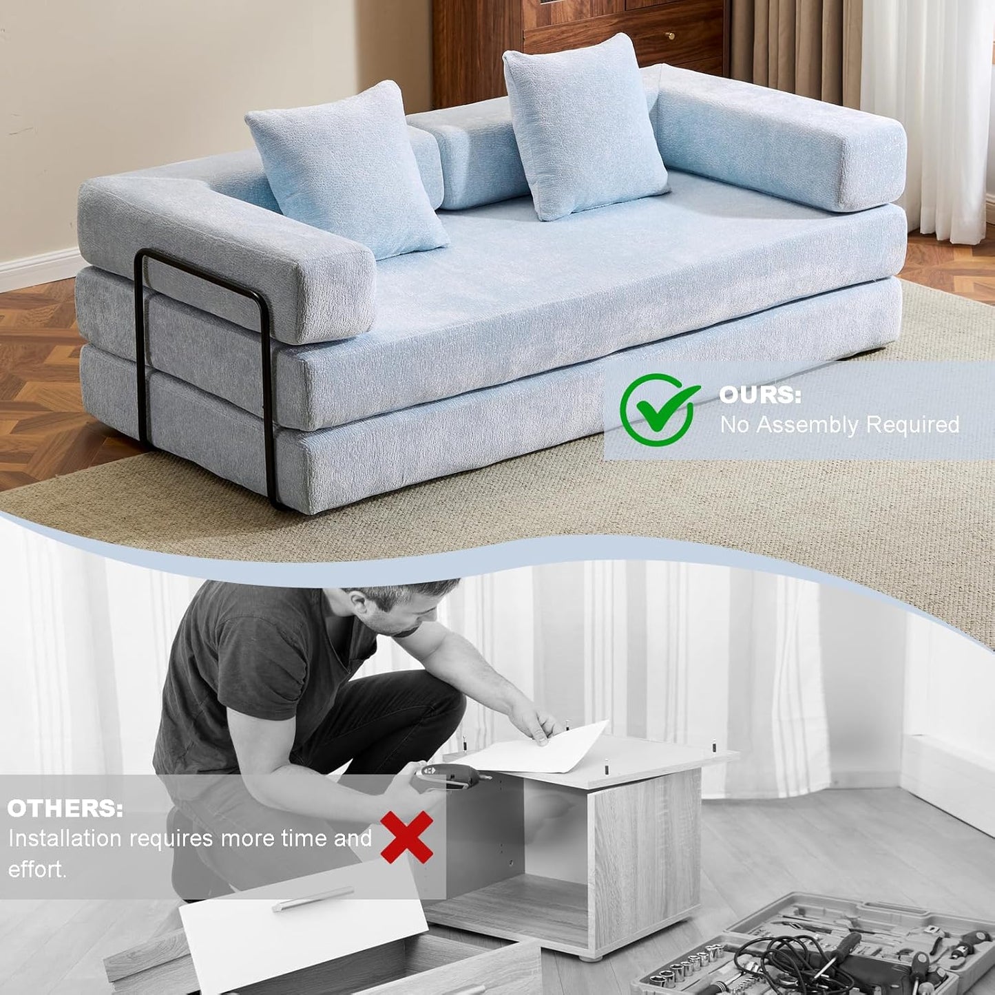 Convertible Sleeper Sofa Bed, Compression Folding Sofa with Pillow, No Assembly Required, Shape Frame, Floor Sofas Lounge Couch for Living Room, Bedroom, Small Spaces(Chenille, 77''W, Light Blue)