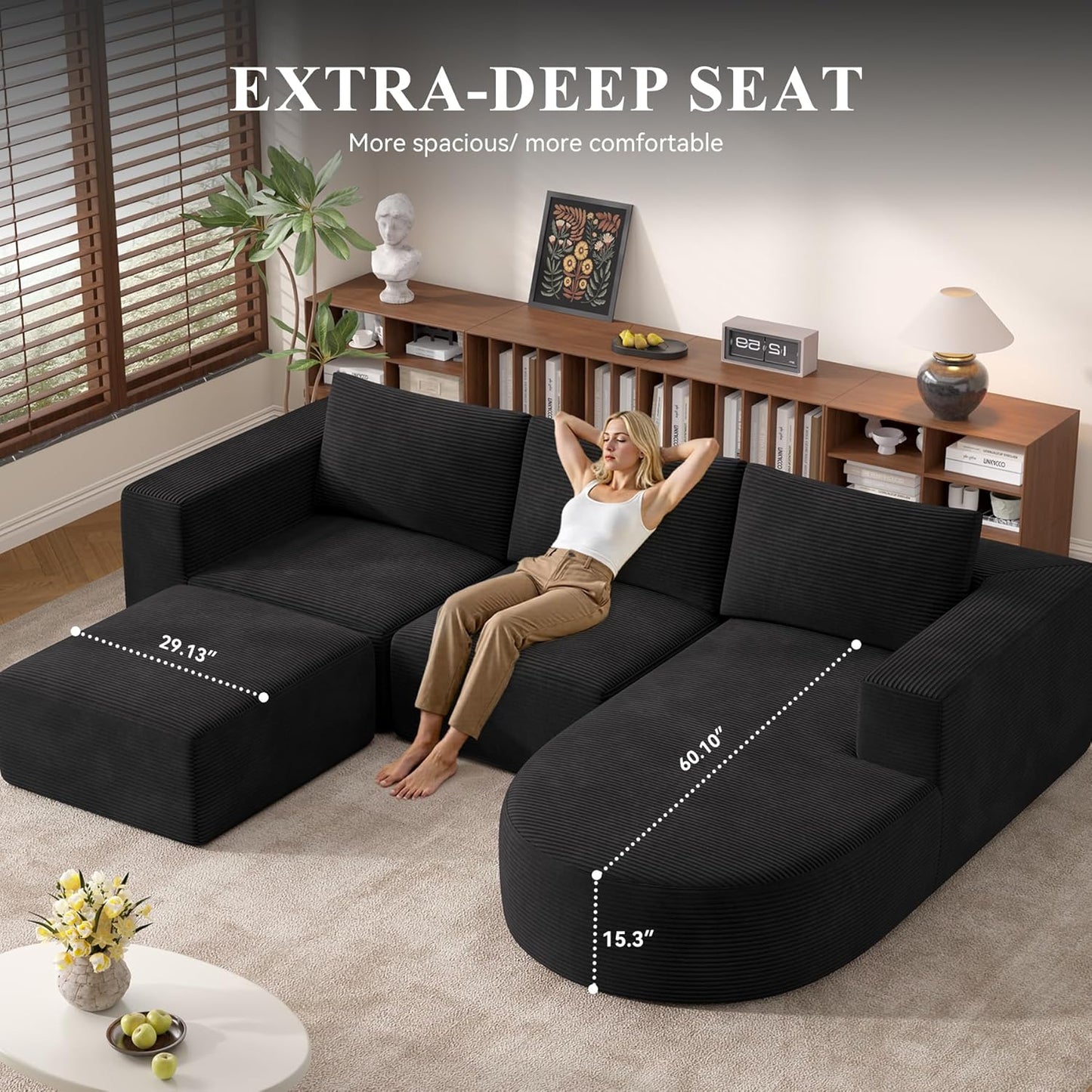 Modular Sectional Sofa with L-Shape Chaise,Cloud Sectional Modern Sleeper Couch with Deep Seat,Sponge Compression Sofas No Assembly Required (Black-Corduroy Fabric) 1pcs