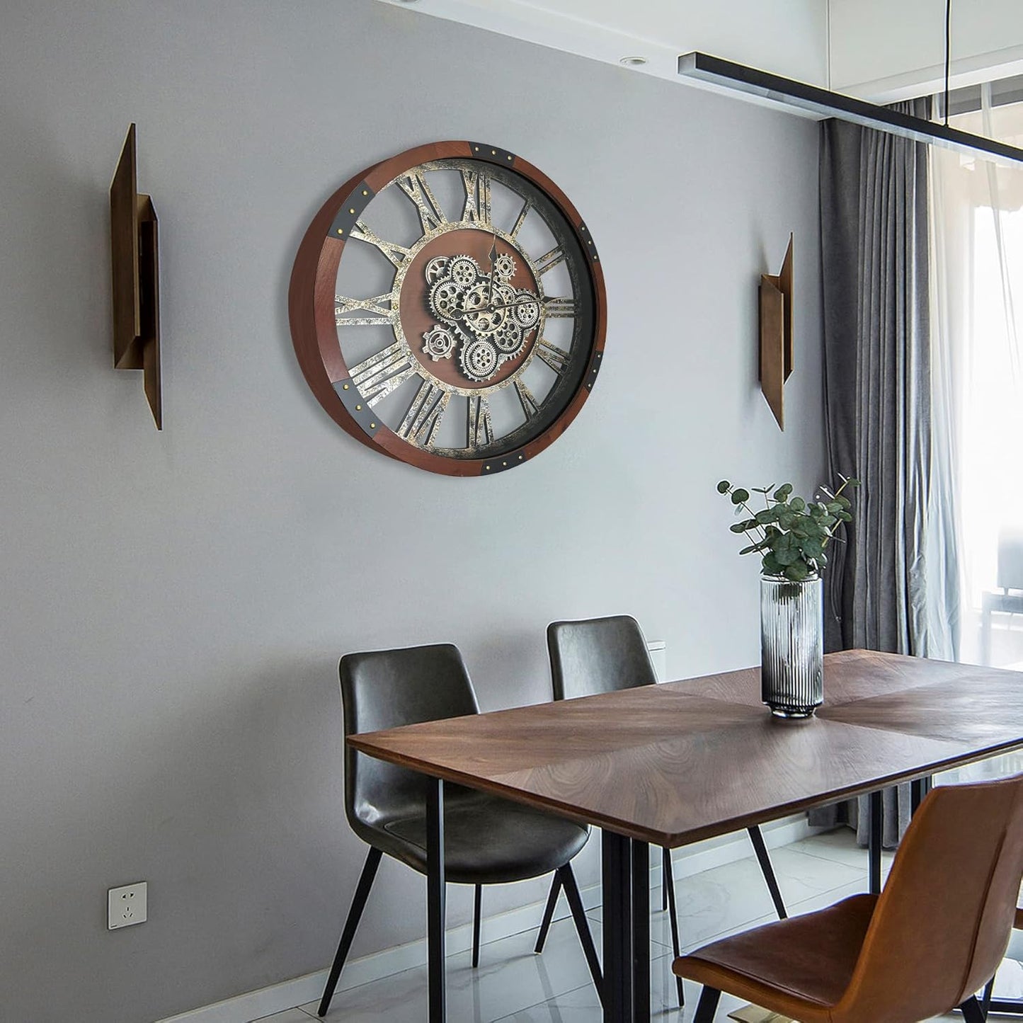 DORBOKER 40" Original Moving Gears Wall Clock, Large Industrial Wall Clock for Living Room Decor,Oversized Wood Vintage Farmhouse Steampunk Rustic Clocks for Wall Decor,Black Walnut