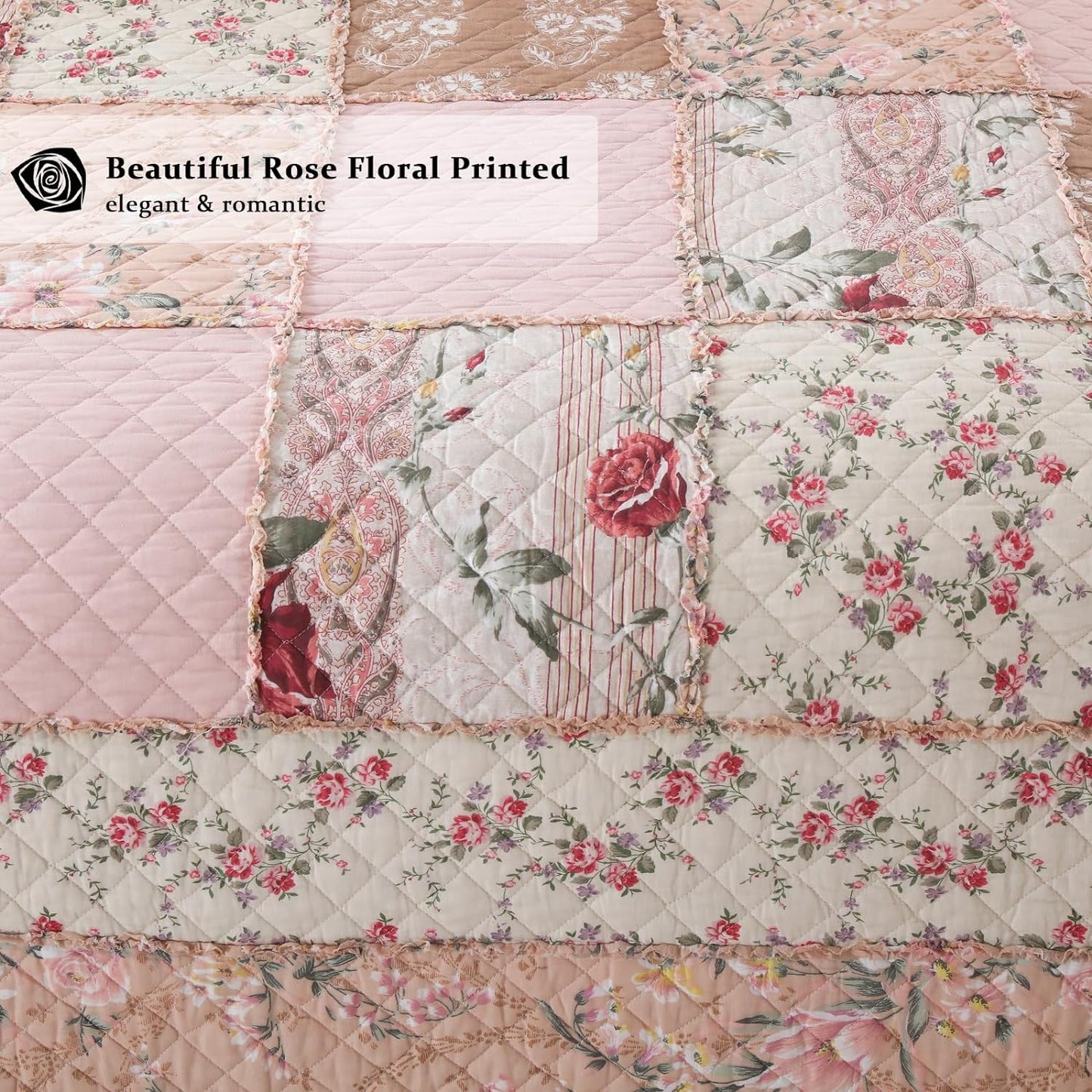 Yvooxny Quilts California King Patchwork Pink Floral Quilt Set Vintage Shabby Chic Botanical Quilted Bedspread 3-Piece Quilt Set with Ruffles for All Seasons, California King, 118 * 110 Inches