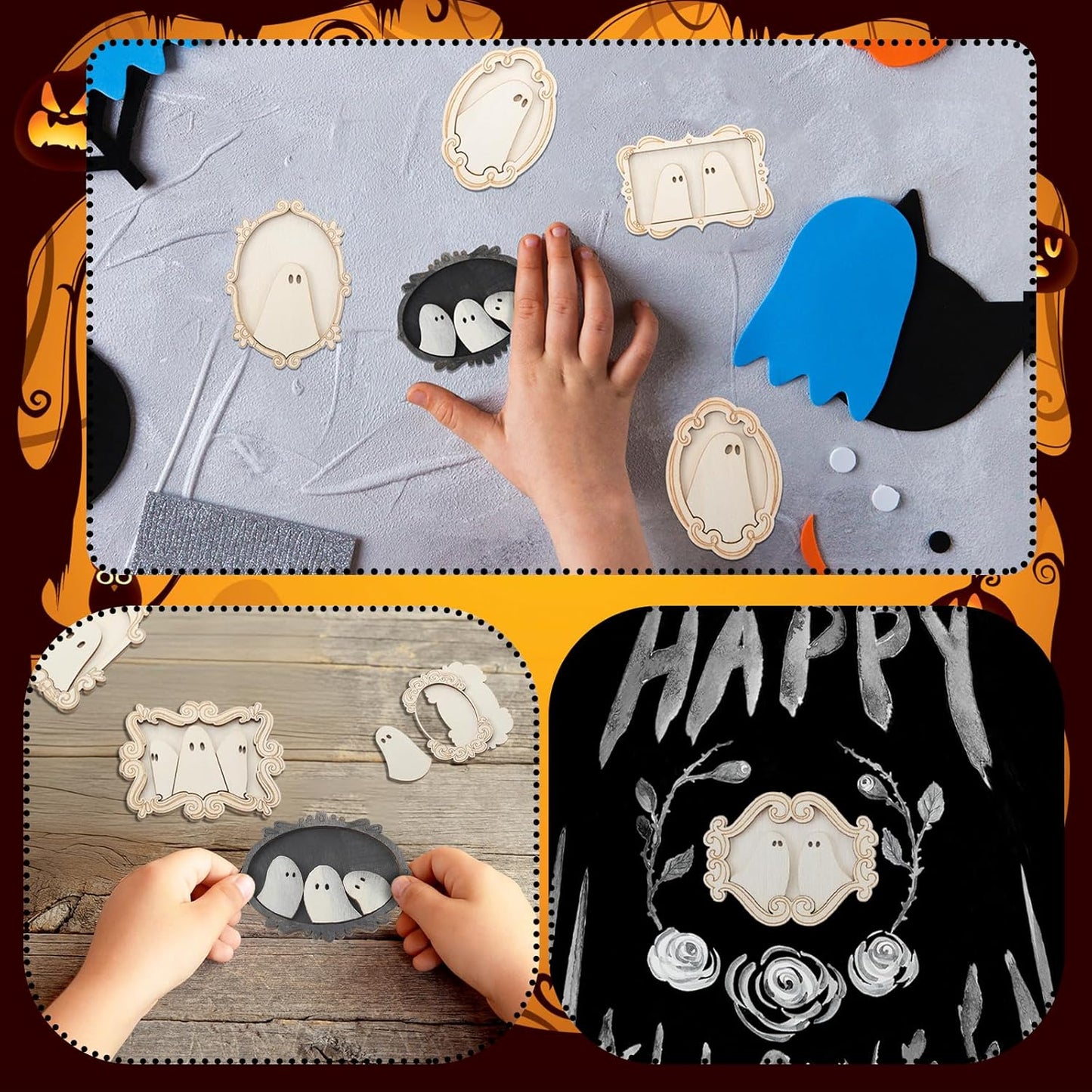 12 Set Wood Ghost DIY Frames Decorating Craft with Paint and Brush Unfinished Wooden Gift Ornaments Cute Ghost for Halloween Craft Art Party Supplies, Not Include Glue (Cute Style)