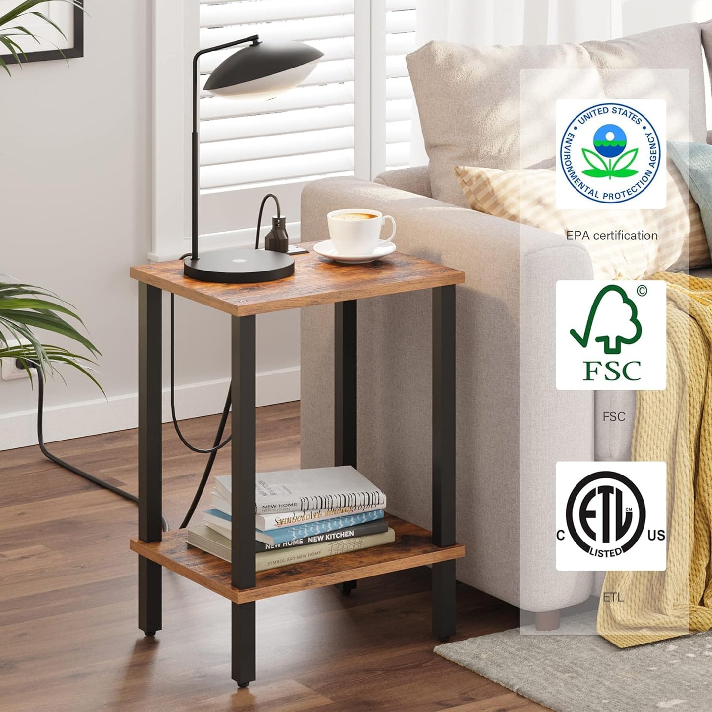 TUTOTAK End Table with Charging Station, Side Table with USB Ports and Outlets, Nightstand, 2-Tier Storage Shelf, Sofa Table for Small Space, 1 Package(2PCS) TB01BB041