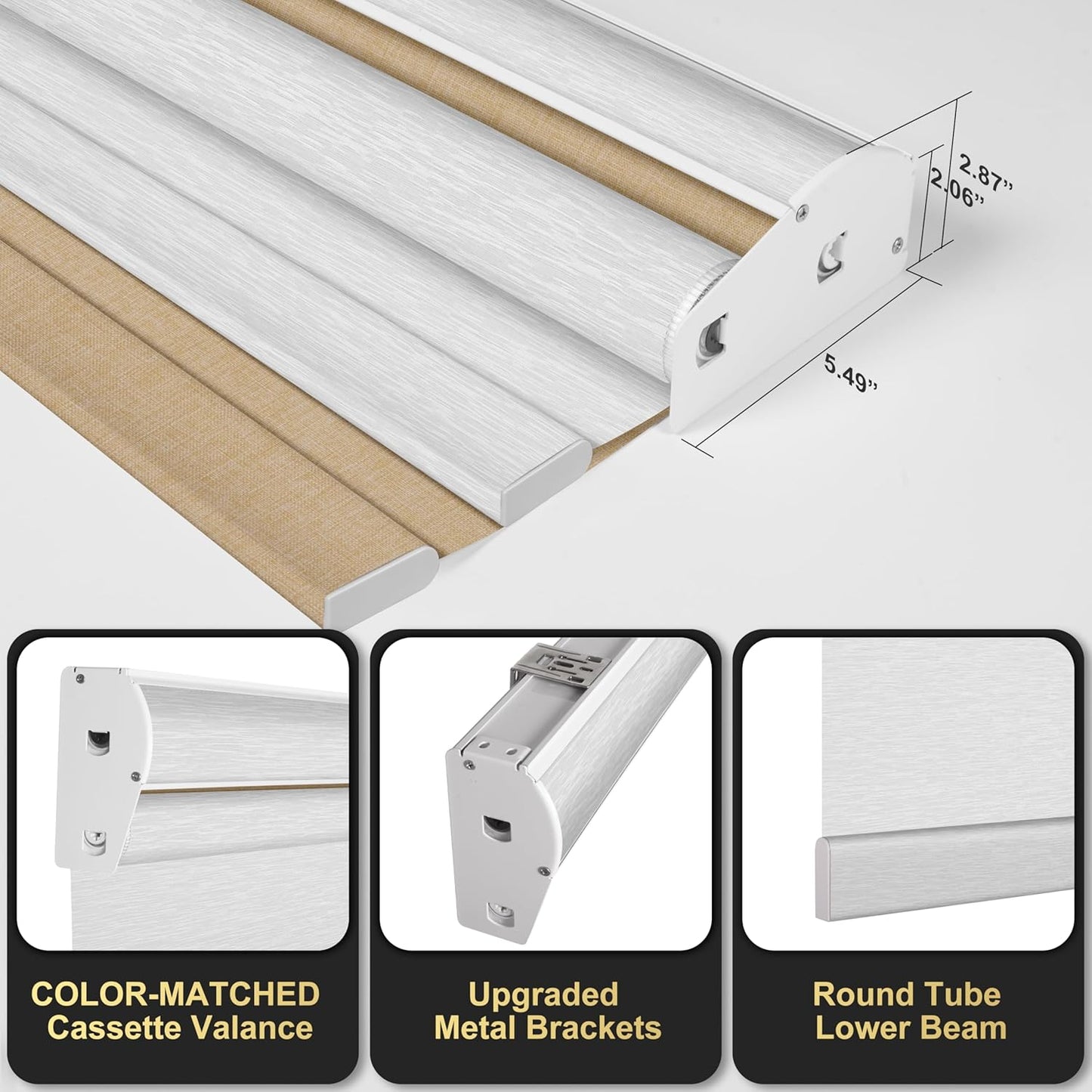 BERISSA Cordless Dual Roller Shades with Cassette Valance, Double Window Shades - Blackout and Light Filtering - Day and Night - Linen Beige and White - 76 W x 80" H