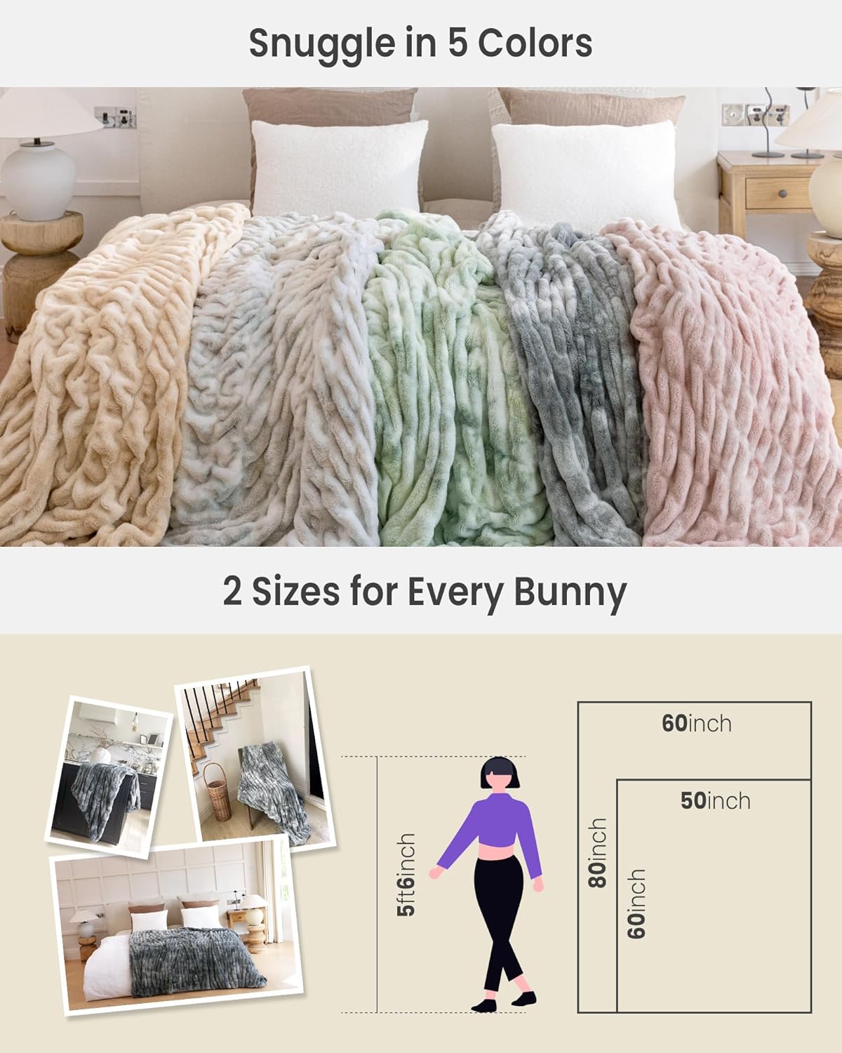 Faux Fur Blanket, Twin Size Oversized Throw Blanket for Couch, Fluffy Blanket with Stretch Ruched Design, Ultra Soft Giftable Home Decor, 60x80 inches, Tie-Dyed in Sage Green