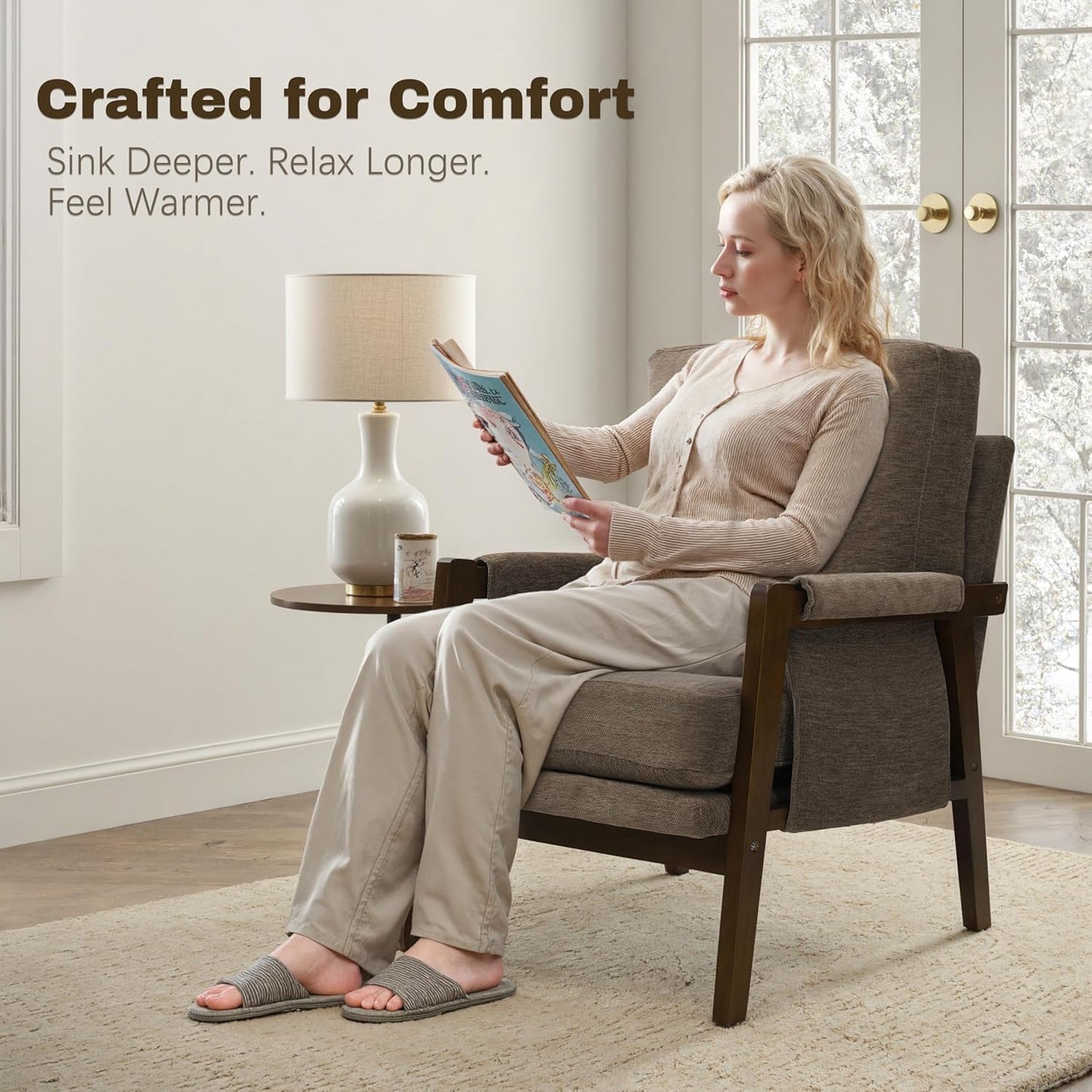 Modern Accent Chair for Living Room Mid Century Arm Chair Upholstered Bedroom Chair Comfy Lounge Chair with Solid Wood Frame, Dark Brown