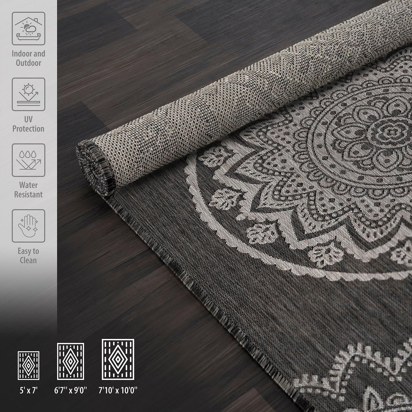 CAMILSON Outdoor Rug 8x10 Modern Area Rugs for Indoor and Outdoor Patios and Porches - Waterproof, Non-Shedding, Easy-to-Clean Outside Carpet (8 x 10, Medallion - Dark Grey/Light Grey)