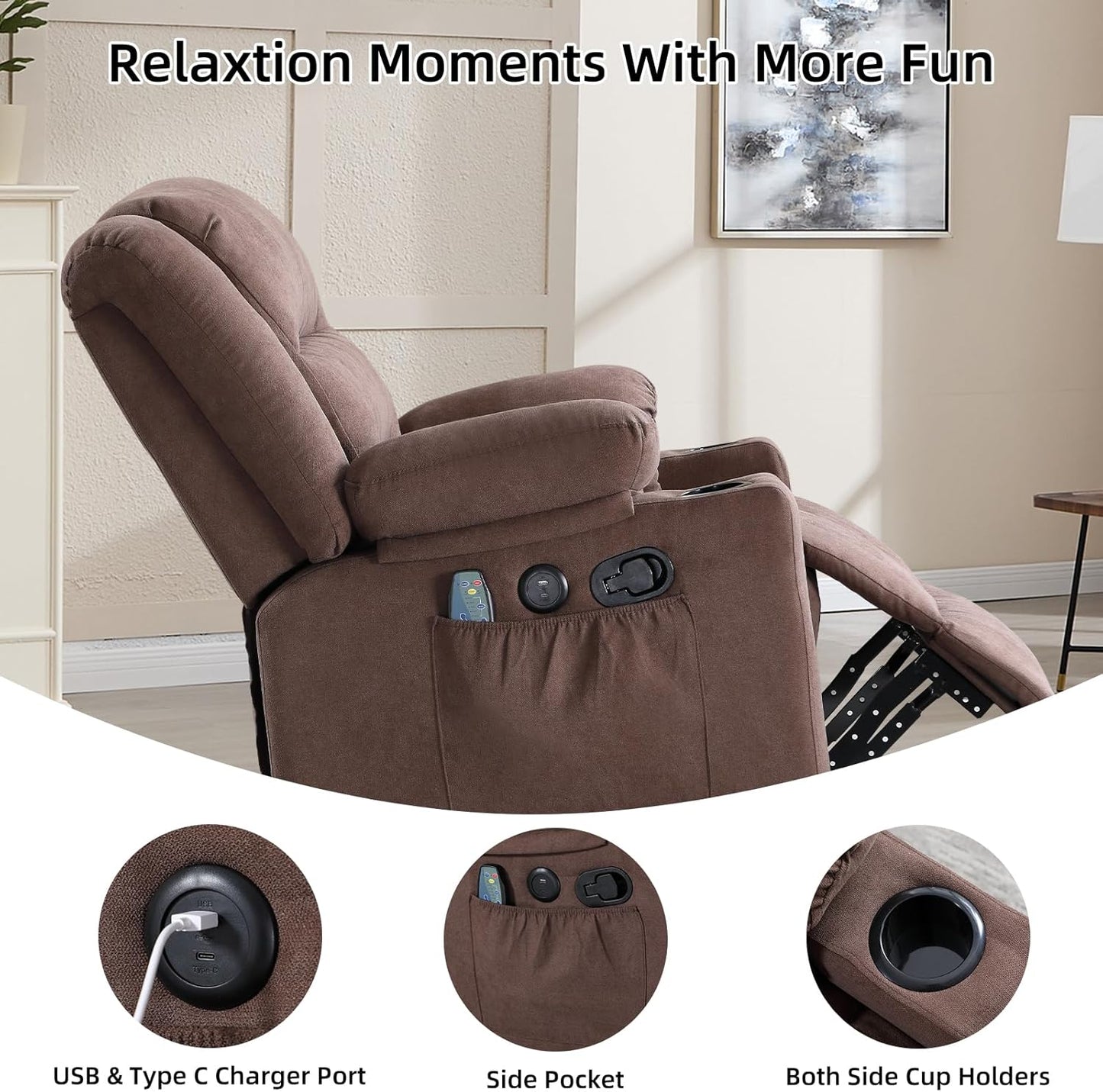 Rocker Recliner Chair with Heat and Massage, 360° Swivel Recliner Chairs for Adults, Heavy Duty Reclining Sofa Chair with USB Port Cup Holders Side Pockets for Living Room (Brown)