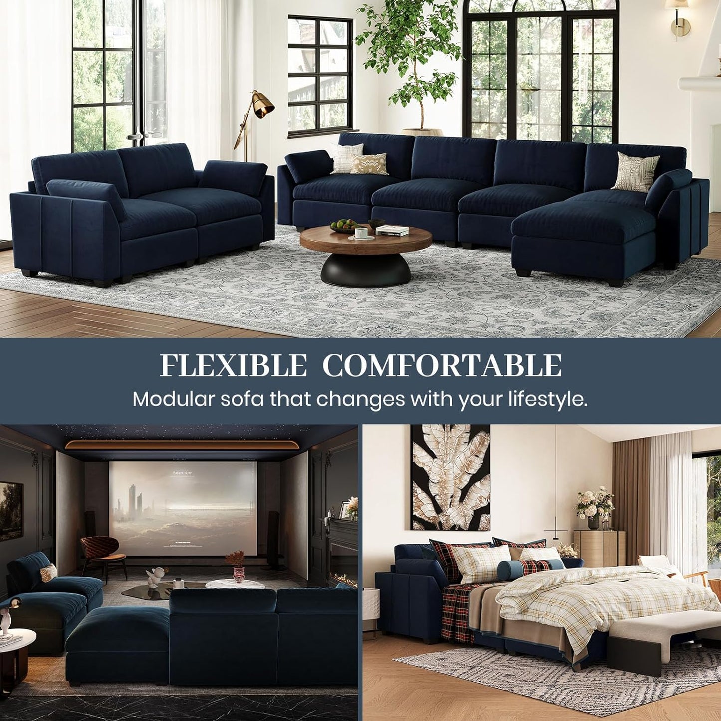 Belffin Sectional Couch with Extra Deep Seat,137.8" Cloud Modular Sectional Sofa,Convertible 6-Seater U Shaped Couches for Living Room,Oversized Comfy Velvet Blue Couch