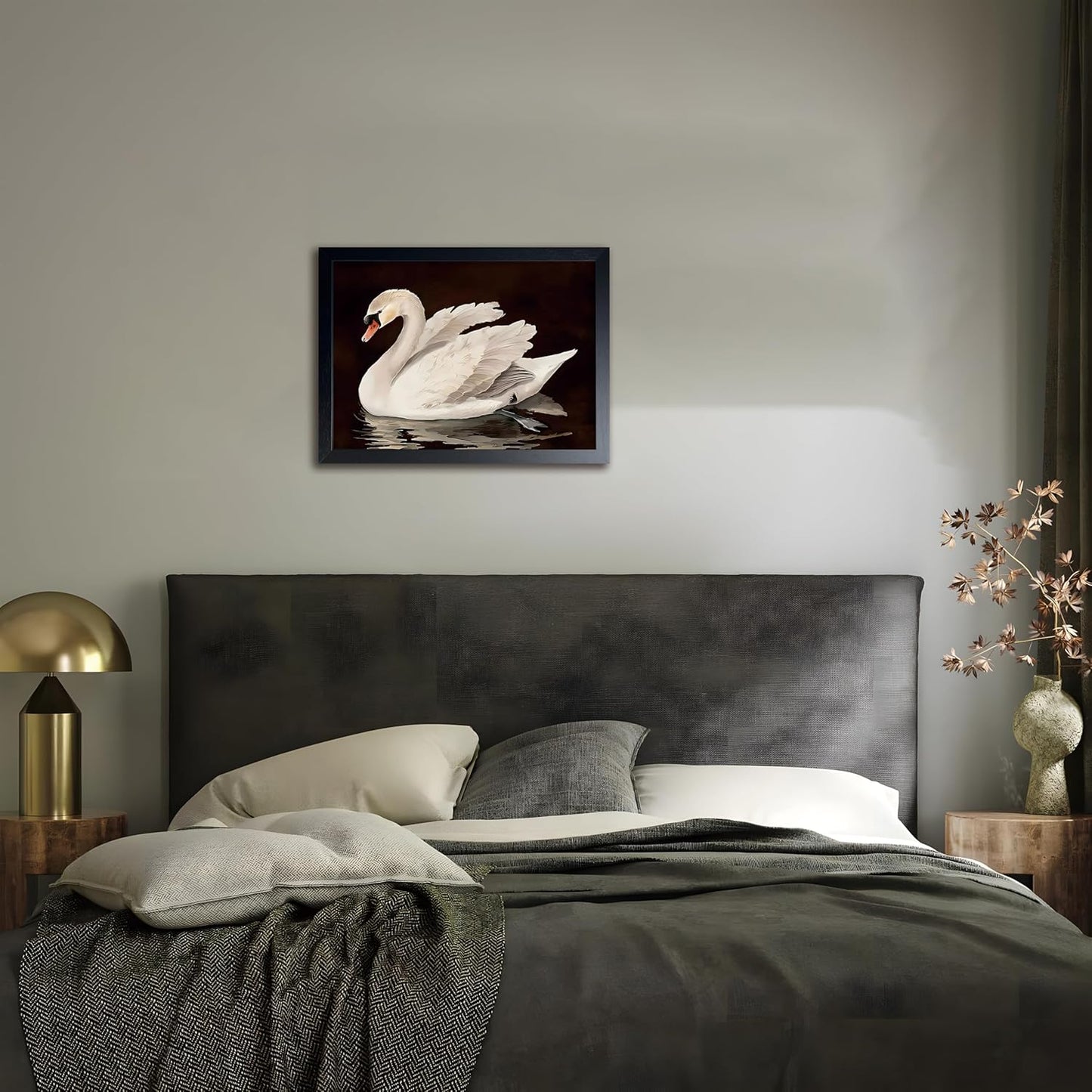 Black Wood Framed Wall Art Canvas Print Home Decor, Vintage Swan Aesthetic Wall Decor Photo, Classical Grace Swan Bathroom Prints Painting for Living Room Bedroom Office Decor 12x16 Inch