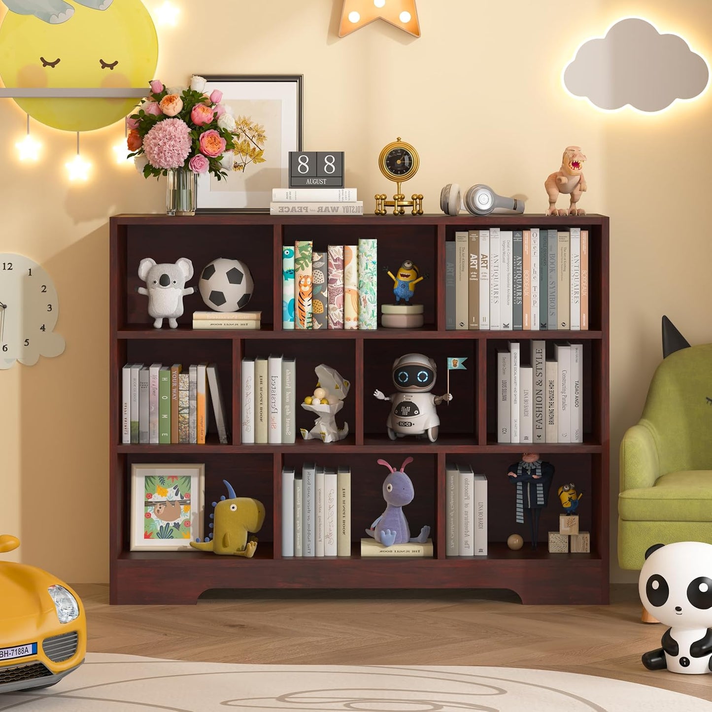 Book Shelf, 10 Cubes Storage Organizer, 3-Tier Open Shelf Wooden Bookcase, Freestanding Cherry Bookshelf Cube Shelf for Bedroom, Living Room, Home Office