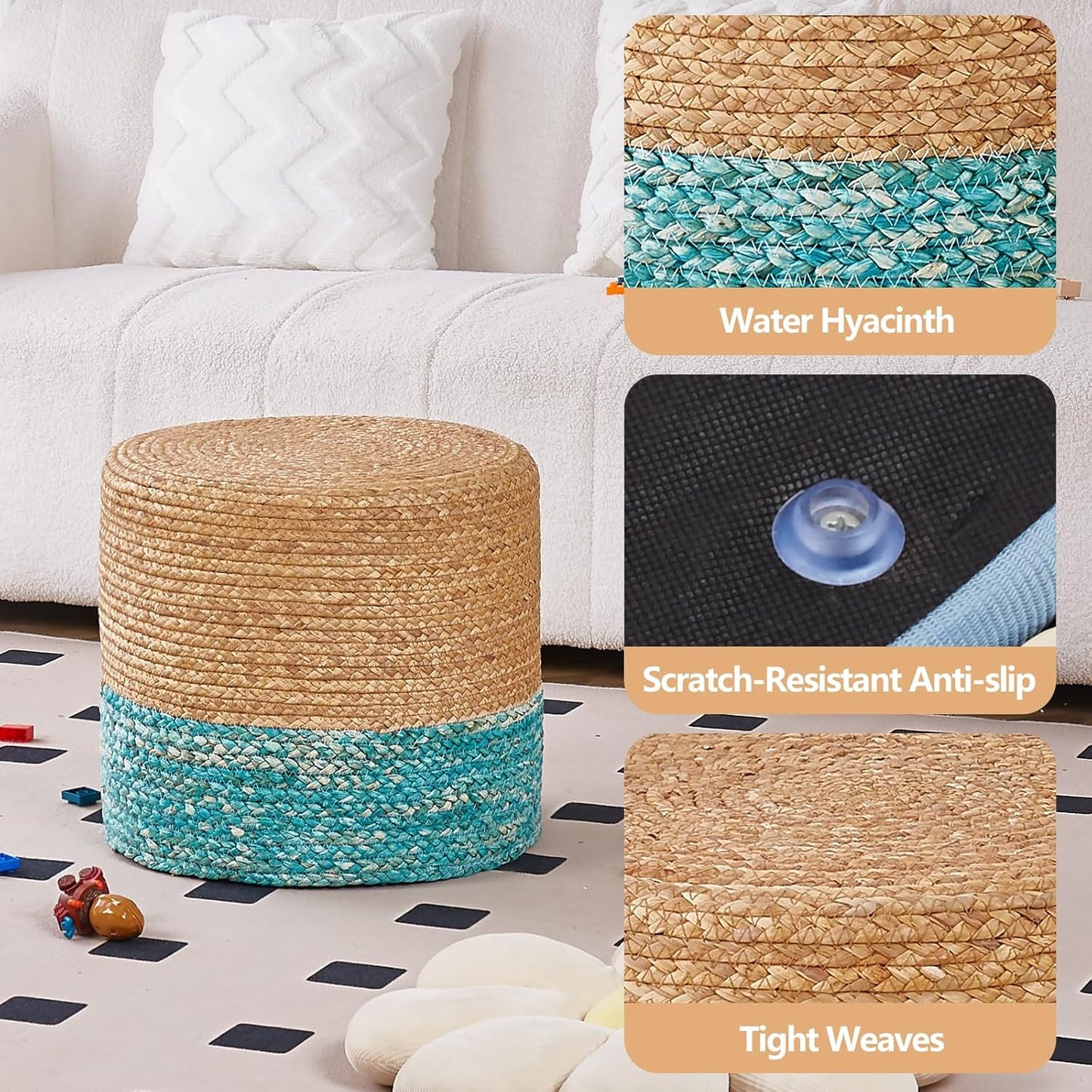 Wimarsbon 18'' Ottoman Pouf, Natural Braided Poof, Rustic Handweave Lounge Pouffe, Boho Footrest Stool for Bedroom, Accent Table for Living Room (Natural Water Hyacinth + Lake Blue Corn Husk)