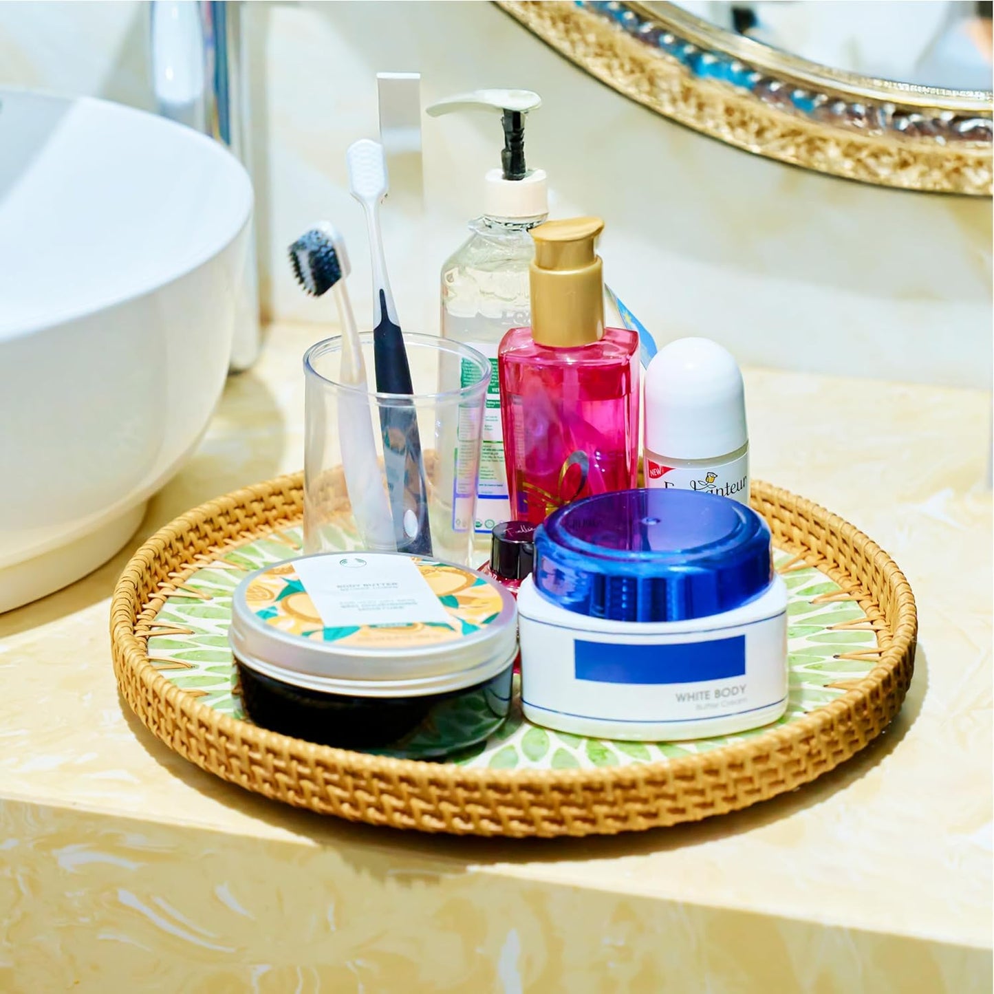 Round 12" Rattan Serving Tray with Mother of Pearl Inlay, Decorative Wicker Tray with Wooden Base for Coffee Table, Bread, Fruit, Food Display and Storage (Leaf)