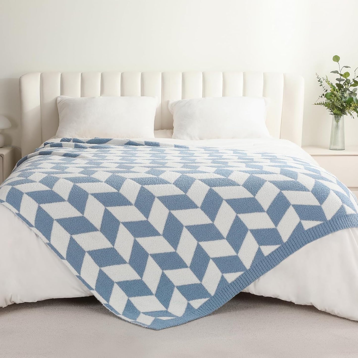 Snuggle Sac Twin Size Blue Blankets for Bed, Super Soft Warm Blankets Oversized Cozy Knit Fuzzy Blanket for Living Room, Chevron Blue,60x80 inches