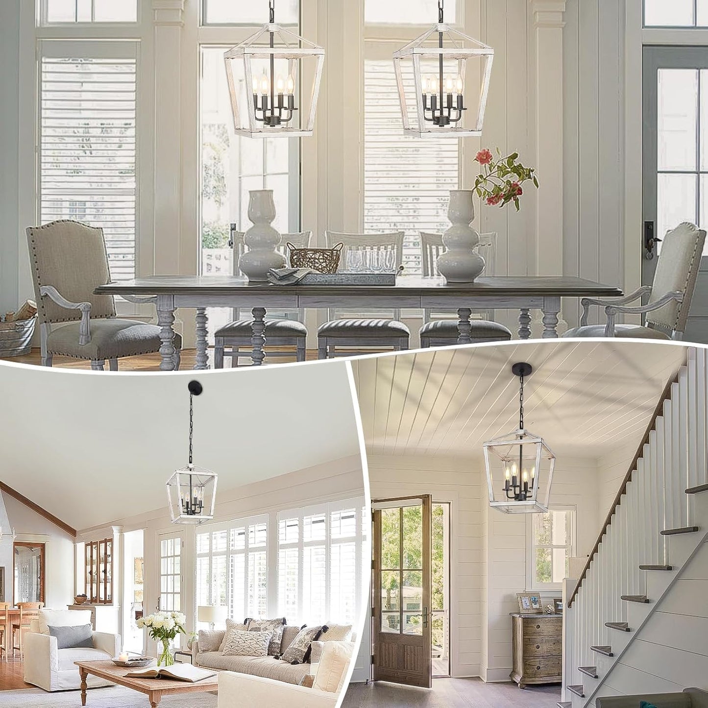 4 Light Rustic Chandelier, Farmhouse Lantern Fixture with Brushed White Oak Cage and Adjustable Chain, E12 Base Geometric Hanging Light Fixture Ceiling lighting for Entryway Kitchen Island, Indoor Use