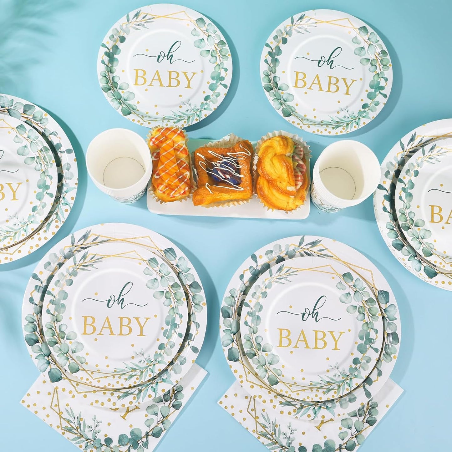 350 Pcs Sage Green Baby Shower Decorations, Baby Shower Plates and Cups and Napkins Sets Serves 50, Oh Baby Plates with Gold Dots for Boho Baby Girl Boy Neutral