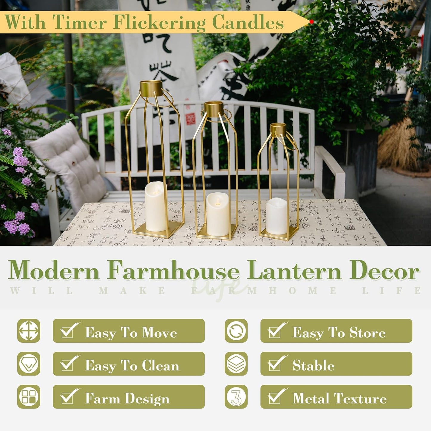 HPC Decor Modern Farmhouse Lantern - 22'' 19'' Large Tall Gold Metal Candle Lanterns with Timer Flickering Candles for Living Room, Outdoor, Fireplace Mantle Decor