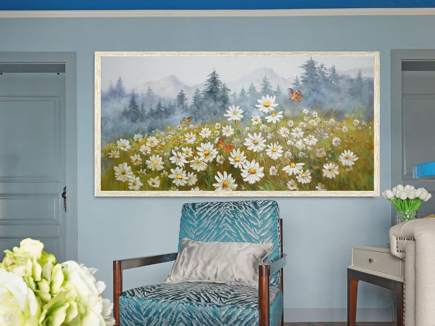 Arjun Flower Wall Art Canvas Landscape Daisy Painting Mountain Picture White Daisy Textured Floral Forest Artwork for Living Room Bedroom Office Home Wall Decor, Extra Large Framed Wood Grain 58"x29"