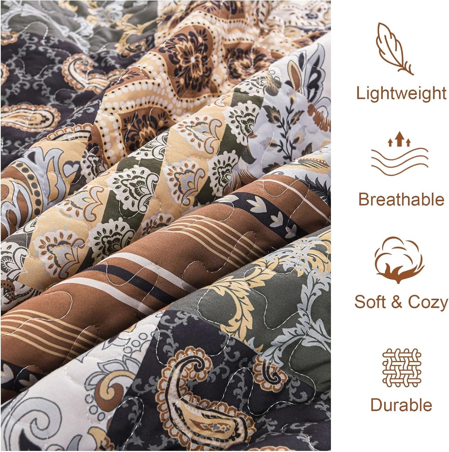 WONGS BEDDING Boho Quilt Set King Size, Dark Brown Plaid Patchwork Bedspread Bedding Set Soft Microfiber Quilt for King Bed Reversible 3 Pieces Coverlet Set for All Season (104"x90")
