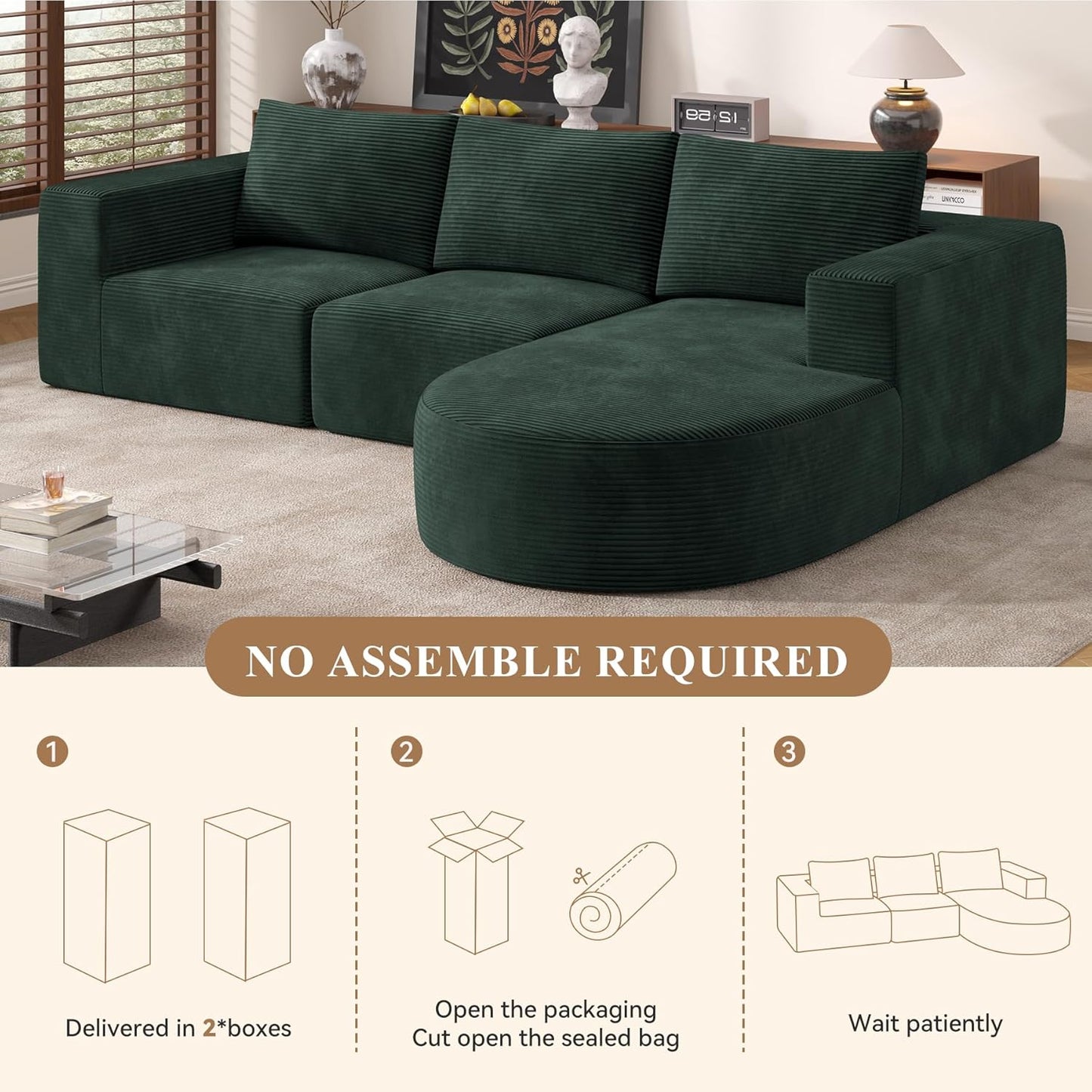 Modular Sectional Sofa with L-Shape Chaise,Cloud Sectional Modern Sleeper Couch with Deep Seat,Sponge Compression Sofas No Assembly Required(Green-Corduroy Fabric) 1PCS