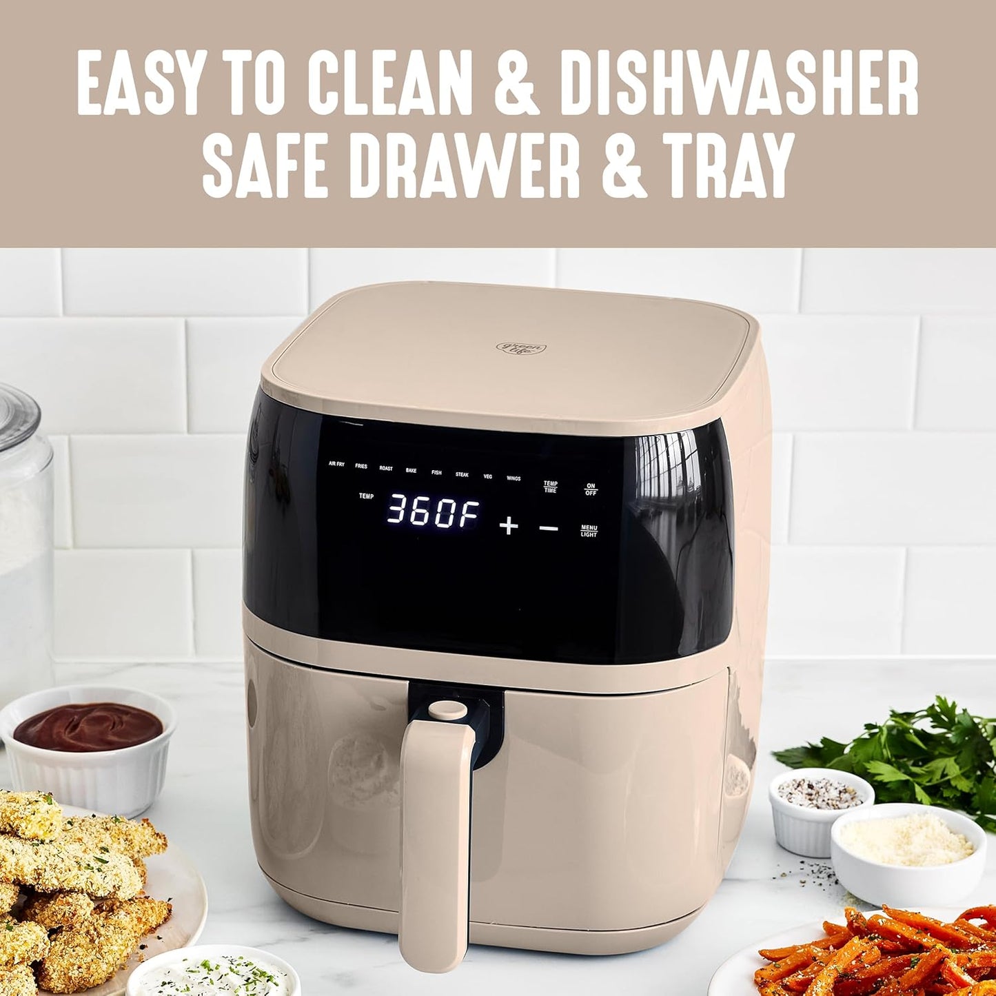 GreenLife Compact Electric Air Fryer Oven, 5.3 QT, PFAS-Free Ceramic Nonstick Drawer, 8 One Touch Digital Display, Easy View Window, Auto Shut-Off Timer, Dishwasher Safe Parts, 1500 Watts, Taupe