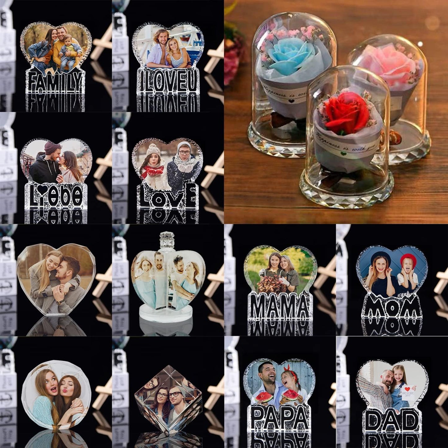 3D Crystal Photo, Personalized 4 Photos-Color Print Picture, Crystal Night Light Family Baby Mother Lover Daddy Day Gift, Rotating Windmill Rose Ornament lamp