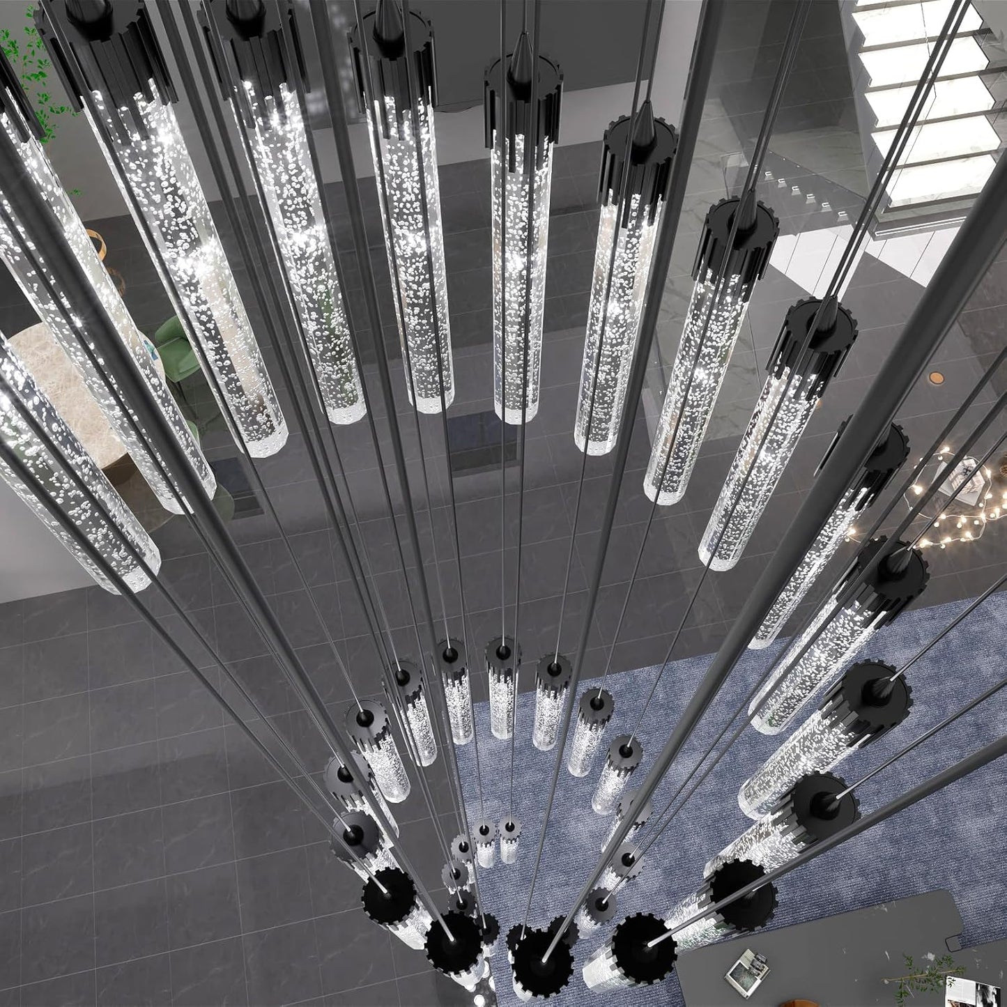 H150'' Modern Chandelier Modern Led Chandeliers Foyer Chandelier Stairs Large Chandelier Adjustable Black Chandeliers Pendant Lighting Fixture Hanging Ceiling Light