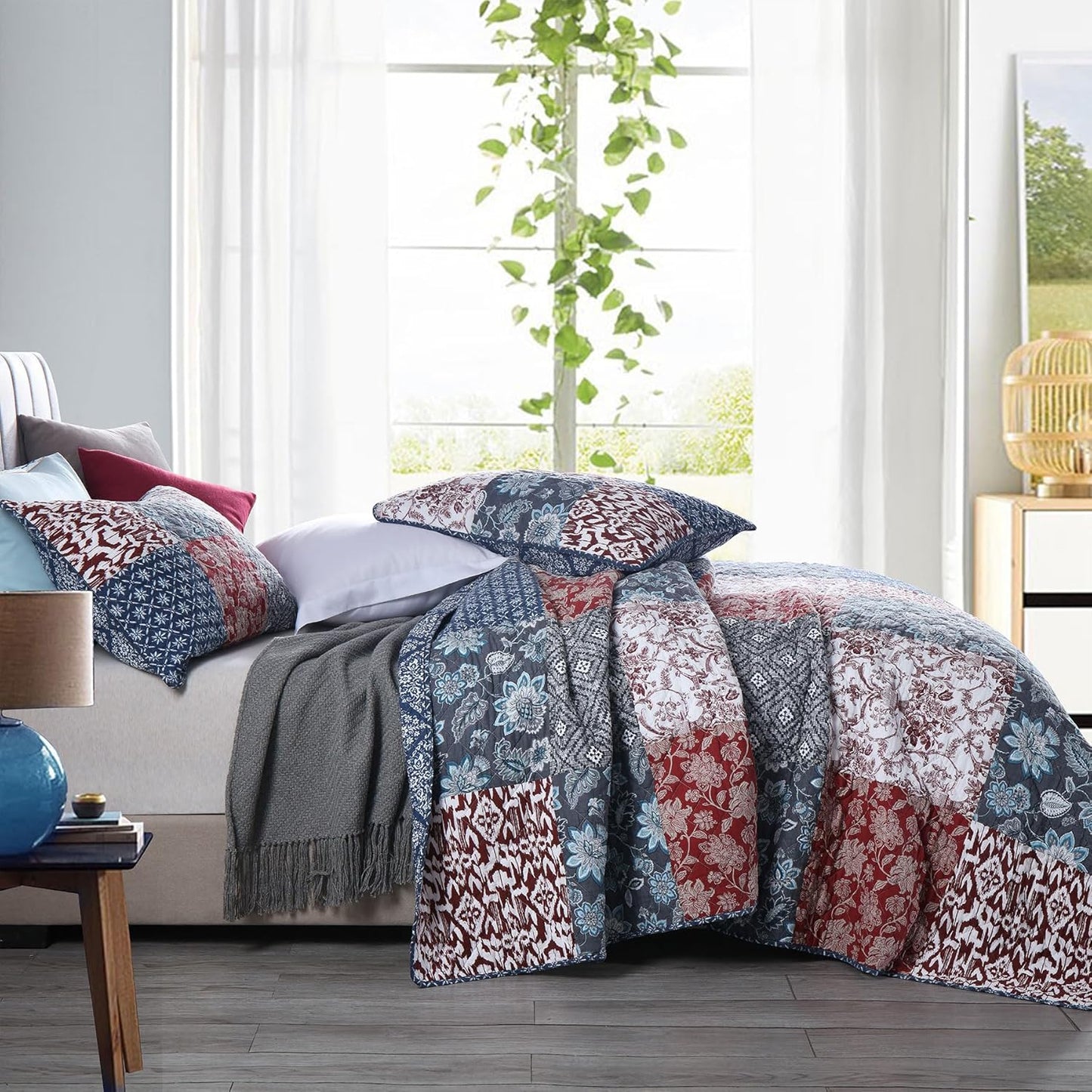 Secgo California King Quilt Size - 100% Cotton Oversized California Comforter Set Bedding Sets (120 * 110 Inch) with 2 Pillow Shams, Patchwork Reversible Lightweight Bedspread
