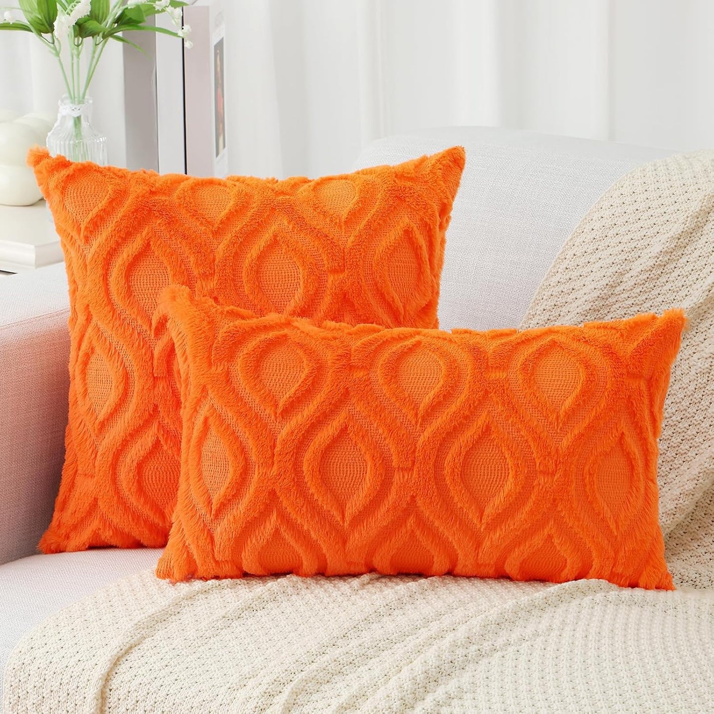 decorUhome Fall Throw Pillow Covers 26x26 Inch Set of 2, Soft Plush Decorative Faux Fur Orange Solid Couch Pillow Covers, Accent Farmhouse Neutral Square Euro Pillow Cases for Sofa Bed Living Room