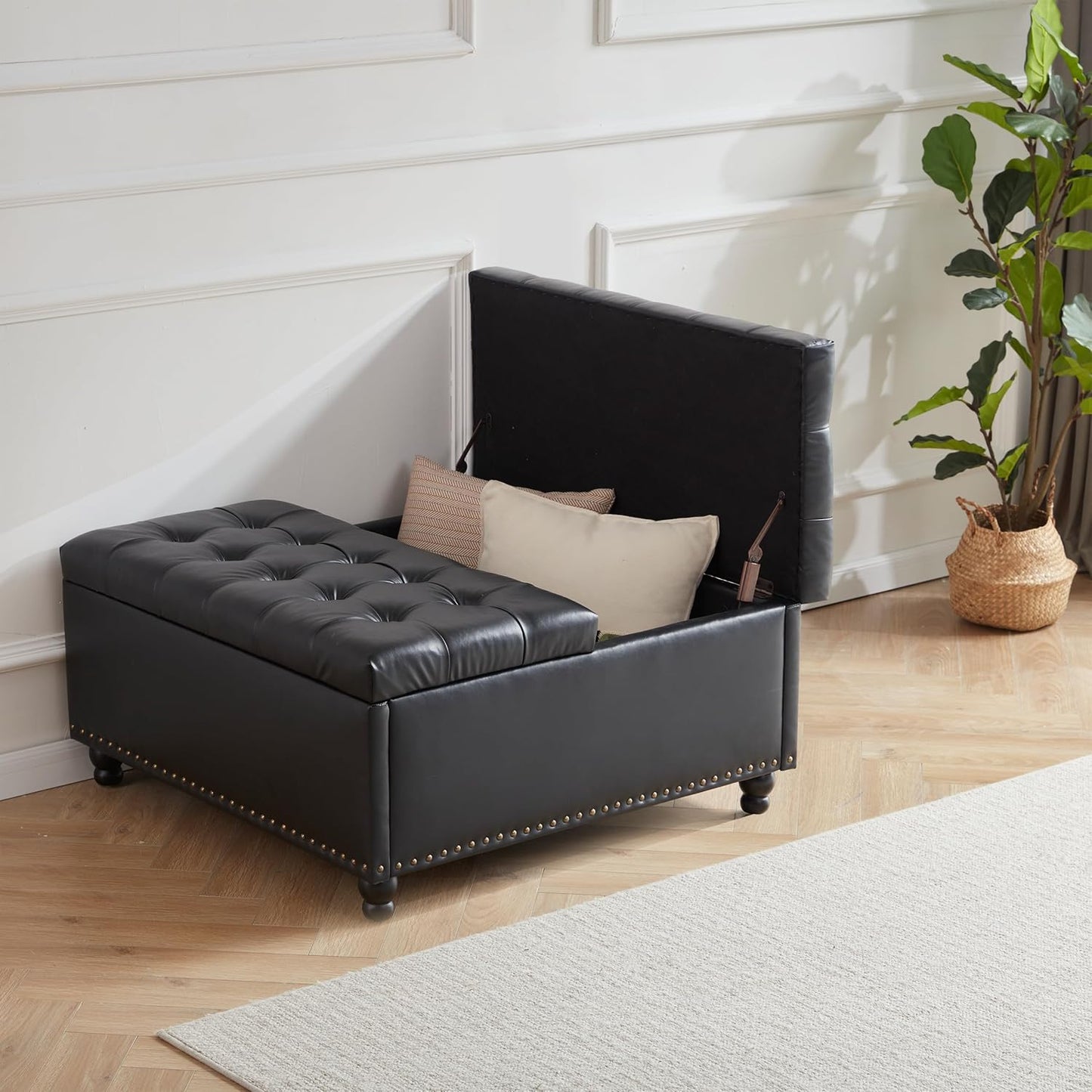 Tbfit Large Square Storage Ottoman Bench, Tufted Upholstered Coffee Table Ottomans with Lift Top & Solid Wood Legs, Oversized Storage Ottomans Toy Box for Living Room (Black)