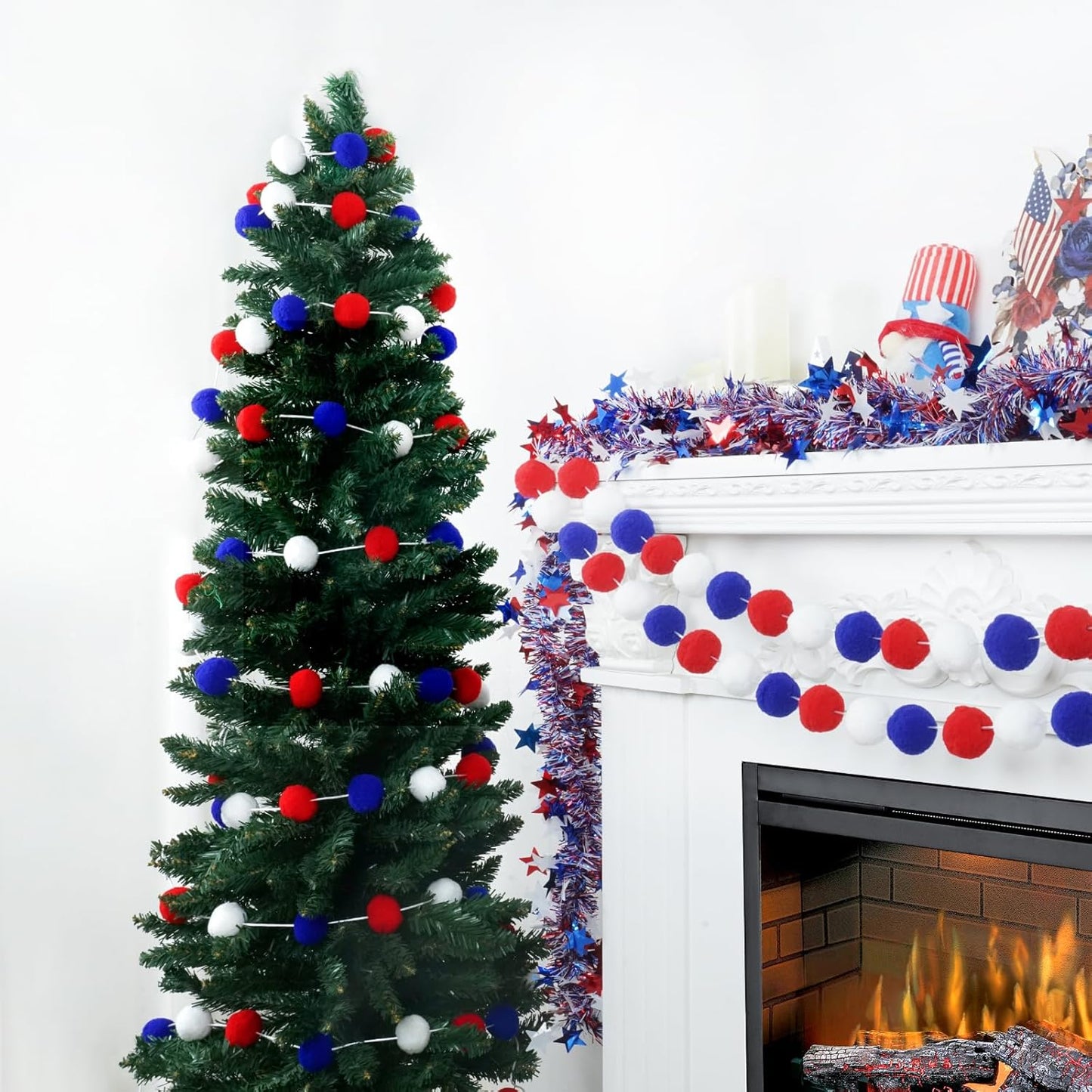 TBD Decor 3pk 4th of July Decorations Patriotic Red White Blue Pom Pom Garland 20FT 4cm Large Felt Ball Garland for Independence Day,Party Home Supplies Decorations