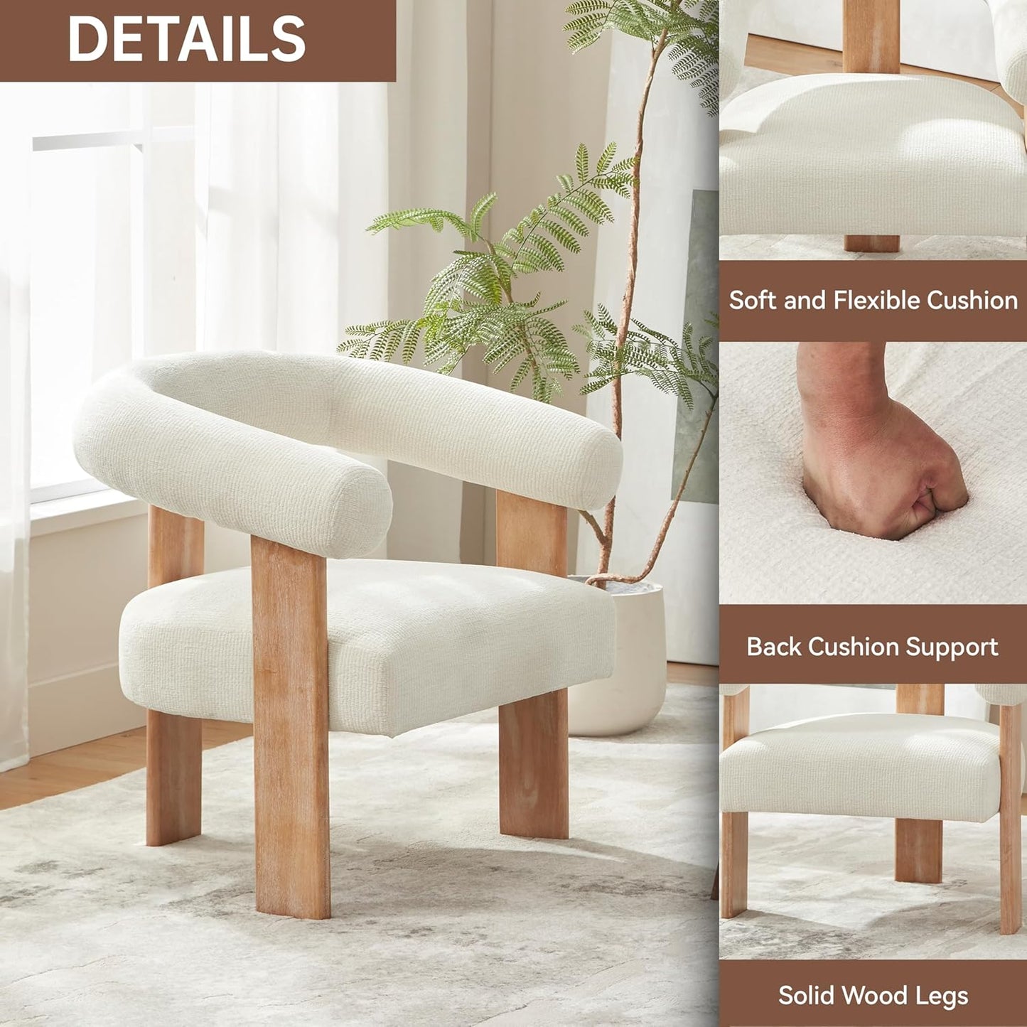 VKNOW Accent Chairs Set of 2, Modern Upholstered Living Room Chair Armchair with Solid Wood Legs, Comfy Barrel Arm Chairs for Living Room Bedroom, Cream