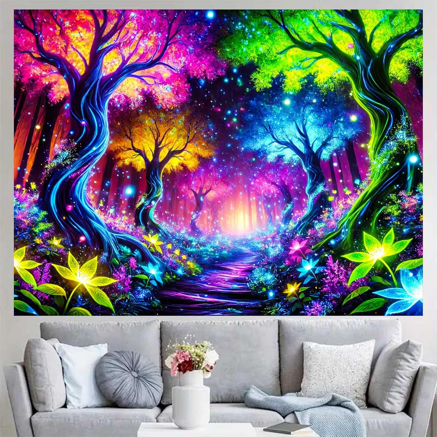 BlissYard Enchanted Neon Forest UV Black Light Tapestry 78x59 Inches Art Color Neon Light Background Bedroom Living Room Wall Party Decoration Psychedelic Pathway Fantasy Nature Magic Glow Decor