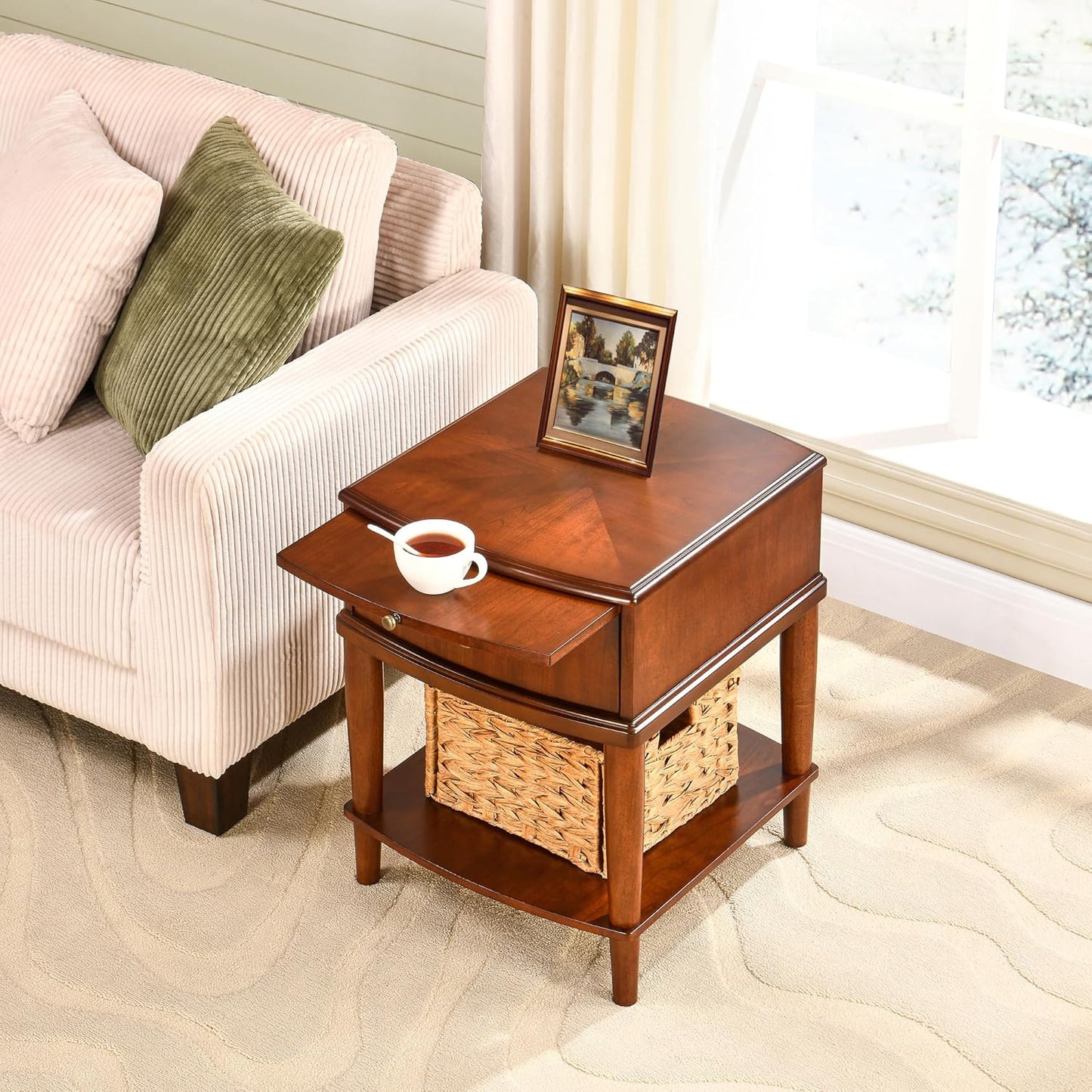 2 Tier Solid Wood Square End Table with Drawer, Wooden Sofa Side Table with Sliding Shelf & Lower Shelf, Nightstand Bedside Table for Living Room Bedroom, 19.7x17.7x22.8in